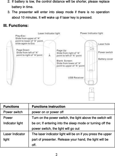  22. If battery is low, the control distance will be shorter, please replace battery in time. 3. The presenter will enter into sleep mode if there is no operation about 10 minutes. It will wake up if laser key is pressed.  III. Functions:                 Functions Functions instruction Power switch  power on or power off Power Indicator light Turn on the power switch, the light above the switch will be on; If entering into the sleep mode or turning off the power switch, the light will go out Laser Indicator light The laser indicator light will be on if you press the upper part of presenter. Release your hand, the light will be off. 