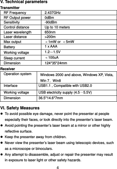  4V. Technical parameters Transmitter RF Frequency  2.437GHz RF Output power  0dBm Sensitivity -90dBm Control distance  Up to 10 meters Laser wavelength  650nm Laser distance  &gt;200m Max output  ＜1mW or  ＜5mW Battery  1 x AAA Working voltage  1.2～1.5V Sleep current  ＜100uA Dimension 124*35*24mm Receiver  Operation system  Windows 2000 and above, Windows XP, Vista, Win 7，Win8 Interface  USB1.1 , Compatible with USB2.0 Working voltage  USB electricity supply (4.5～5.5V) Dimension 36.5*14.6*7mm  VI. Safety Measures z  To avoid possible eye damage, never point the presenter at people especially their faces, or look directly into the presenter’s laser beam. z  Avoid pointing the presenter’s laser beam at a mirror or other highly reflective surface. z  Keep the presenter away from children. z  Never view the presenter’s laser beam using telescopic devices, such as a microscope or binoculars. z  Any attempt to disassemble, adjust or repair the presenter may result in exposure to laser light or other safety hazards. 