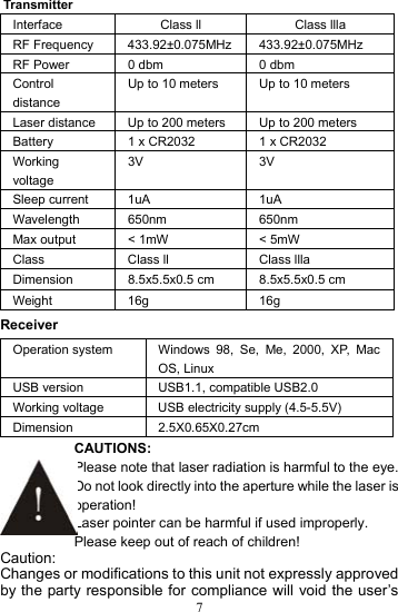  7Transmitter Interface  Class ll  Class llla RF Frequency  433.92±0.075MHz  433.92±0.075MHz RF Power  0 dbm  0 dbm Control distance Up to 10 meters  Up to 10 meters Laser distance  Up to 200 meters  Up to 200 meters Battery  1 x CR2032  1 x CR2032 Working voltage 3V 3V Sleep current  1uA  1uA Wavelength 650nm  650nm Max output  &lt; 1mW  &lt; 5mW Class  Class ll  Class llla Dimension  8.5x5.5x0.5 cm  8.5x5.5x0.5 cm Weight 16g  16g  Receiver  Operation system  Windows 98, Se, Me, 2000, XP, Mac OS, Linux USB version  USB1.1, compatible USB2.0 Working voltage  USB electricity supply (4.5-5.5V) Dimension 2.5X0.65X0.27cm CAUTIONS:  Please note that laser radiation is harmful to the eye. Do not look directly into the aperture while the laser is operation! Laser pointer can be harmful if used improperly. Please keep out of reach of children! Caution: Changes or modifications to this unit not expressly approved by the party responsible for compliance will void the user’s 