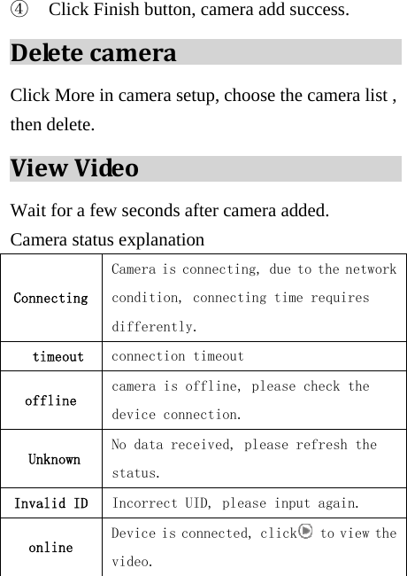 ④ Click Finish button, camera add success. DeletecameraClick More in camera setup, choose the camera list , then delete. ViewVideoWait for a few seconds after camera added.   Camera status explanation Connecting Camera is connecting, due to the network condition, connecting time requires differently.   timeout  connection timeout offline camera is offline, please check the device connection.  Unknown No data received, please refresh the status.  Invalid ID  Incorrect UID, please input again. online Device is connected, click  to view the video. 