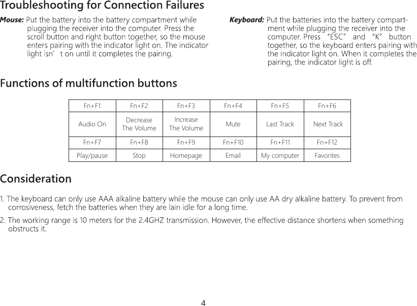 4Fn+F1 Fn+F3 Fn+F5Fn+F7 Fn+F9 Fn+F11Audio On Increase The Volume Last TrackPlay/pause Homepage My computerFn+F2 Fn+F4 Fn+F6Fn+F8 Fn+F10 Fn+F12Decrease The Volume Mute Next TrackStop Email Favorites