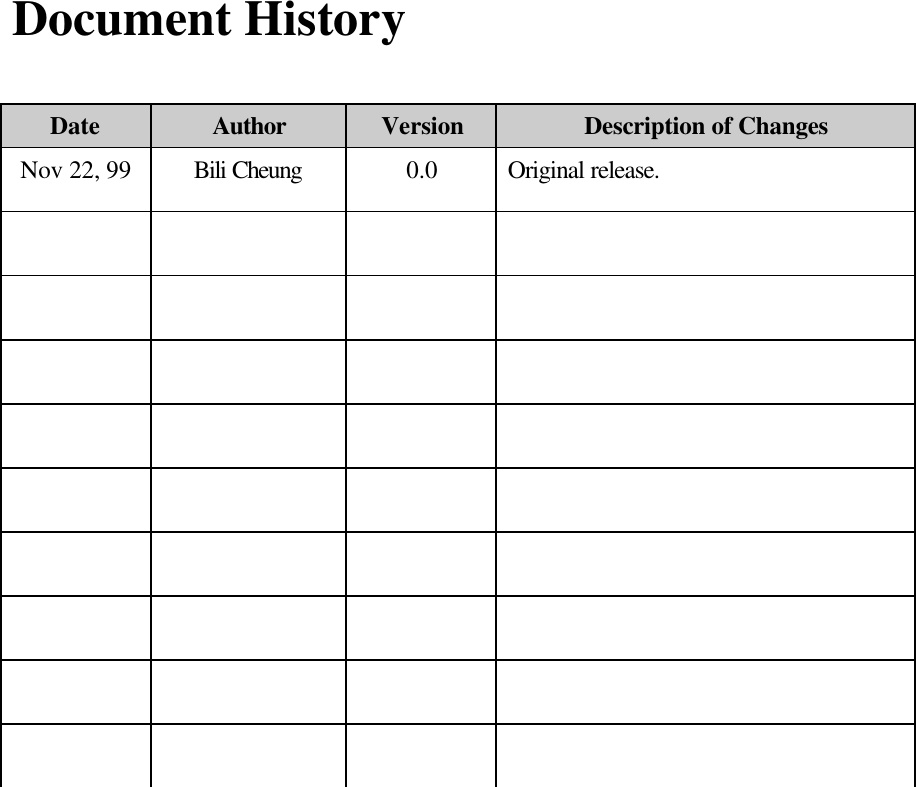 Document HistoryDate Author Version Description of ChangesNov 22, 99 Bili Cheung 0.0 Original release.