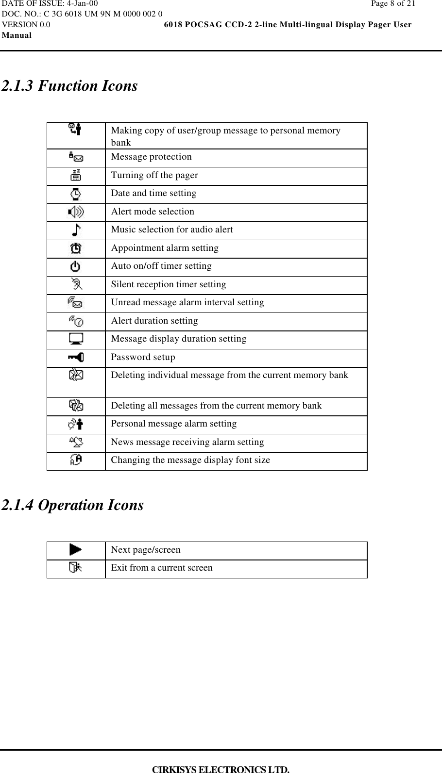 DATE OF ISSUE: 4-Jan-00                                                                                                                        Page 8 of 21DOC. NO.: C 3G 6018 UM 9N M 0000 002 0VERSION 0.0                                                  6018 POCSAG CCD-2 2-line Multi-lingual Display Pager UserManualCIRKISYS ELECTRONICS LTD.2.1.3 Function IconsMaking copy of user/group message to personal memorybankMessage protectionTurning off the pagerDate and time settingAlert mode selectionMusic selection for audio alertAppointment alarm settingAuto on/off timer settingSilent reception timer settingUnread message alarm interval settingAlert duration settingMessage display duration settingPassword setupDeleting individual message from the current memory bankDeleting all messages from the current memory bankPersonal message alarm settingNews message receiving alarm settingChanging the message display font size2.1.4 Operation IconsNext page/screenExit from a current screen