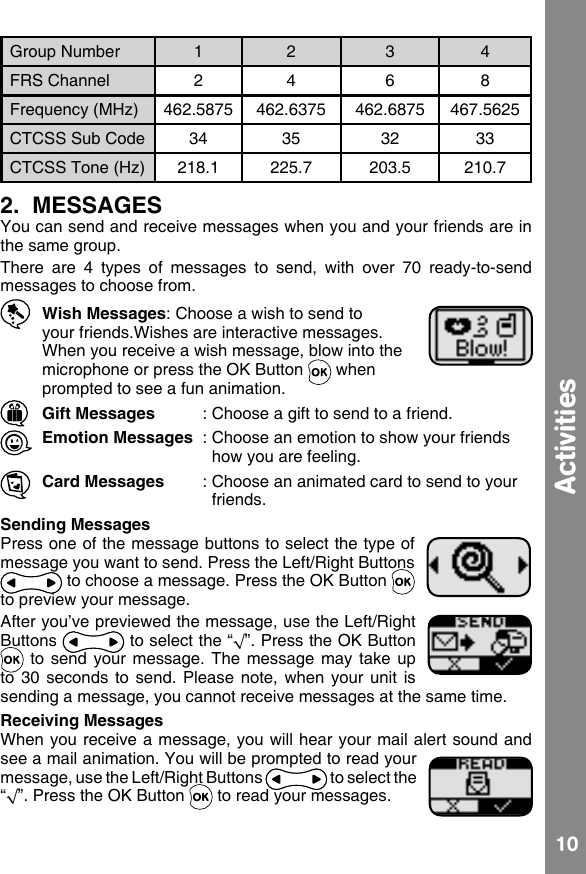 10ActivitiesGroup Number 1 2 34FRS Channel 2 4 6 8Frequency (MHz) 462.5875 462.6375 462.6875 467.5625CTCSS Sub Code 34 35 32 33CTCSS Tone (Hz) 218.1 225.7 203.5 210.72.  MESSAGESYou can send and receive messages when you and your friends are in the same group.There  are  4  types  of  messages  to  send,  with  over  70  ready-to-send messages to choose from. Wish Messages: Choose a wish to send to        your friends.Wishes are interactive messages.    When you receive a wish message, blow into the    microphone or press the OK Button   when    prompted to see a fun animation. Gift Messages  : Choose a gift to send to a friend. Emotion Messages  : Choose an emotion to show your friends          how you are feeling. Card Messages  : Choose an animated card to send to your         friends.Sending MessagesPress one of the message buttons to select the type of message you want to send. Press the Left/Right Buttons  to choose a message. Press the OK Button   to preview your message.After you’ve previewed the message, use the Left/Right Buttons   to select the “√”. Press the OK Button  to send your message. The message may take up to  30  seconds  to send.  Please note,  when  your unit  is sending a message, you cannot receive messages at the same time.Receiving MessagesWhen you receive a message, you will hear your mail alert sound and see a mail animation. You will be prompted to read your message, use the Left/Right Buttons   to select the “√”. Press the OK Button   to read your messages.