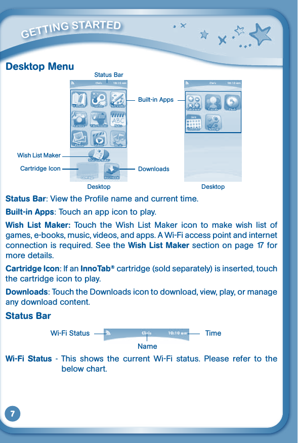 7Desktop MenuStatus Bar: View the Profile name and current time.Built-in Apps: Touch an app icon to play. Wish  List  Maker:  Touch  the  Wish  List  Maker  icon  to  make  wish  list  of games, e-books, music, videos, and apps. A Wi-Fi access point and internet connectionisrequired.SeetheWish List Maker section on page 17 for more details.Cartridge Icon: If an InnoTab® cartridge (sold separately) is inserted, touch the cartridge icon to play. Downloads: Touch the Downloads icon to download, view, play, or manage any download content. Status BarWi-Fi  Status  -  This  shows  the  current  Wi-Fi  status.  Please  refer  to  the below chart.         GETTiNG STarTEd Wi-Fi Status TimeNameWish List MakerBuilt-in AppsStatus BarCartridge Icon DownloadsDesktop Desktop