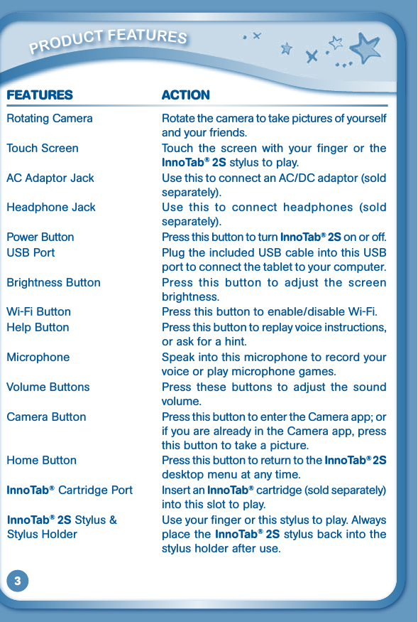 3FEATURES ACTIONRotating Camera  Rotate the camera to take pictures of yourself and your friends.Touch Screen   Touch  the  screen  with  your  finger  or  the InnoTab® 2S stylus to play.AC Adaptor Jack  Use this to connect an AC/DC adaptor (sold separately).Headphone Jack   Use  this  to  connect  headphones  (sold separately).Power Button  Press this button to turn InnoTab® 2S on or off.USB Port   Plug the included USB cable into this USB port to connect the tablet to your computer.Brightness Button  Press  this  button  to  adjust  the  screen brightness.Wi-Fi Button  Press this button to enable/disable Wi-Fi.Help Button  Press this button to replay voice instructions, or ask for a hint.Microphone  Speak into this microphone to record your voice or play microphone games.Volume Buttons  Press  these  buttons  to  adjust  the  sound volume.Camera Button  Press this button to enter the Camera app; or if you are already in the Camera app, press this button to take a picture.Home Button  Press this button to return to the InnoTab®2S desktop menu at any time.InnoTab® Cartridge Port  Insert an InnoTab® cartridge (sold separately) into this slot to play.  Use your finger or this stylus to play. Always place the InnoTab® 2S stylus back into the stylus holder after use.         PrOduCT FEaTurESInnoTab® 2S Stylus &amp; Stylus Holder