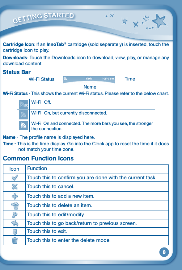 8         GETTiNG STarTEd Cartridge Icon: If an InnoTab® cartridge (sold separately) is inserted, touch the cartridge icon to play. Downloads: Touch the Downloads icon to download, view, play, or manage any download content. Status BarWi-Fi Status - This shows the current Wi-Fi status. Please refer to the below chart.Wi-FiOff.Wi-FiOn,butcurrentlydisconnected.Wi-FiOnandconnected.Themorebarsyousee,thestrongerthe connection.Name - The profile name is displayed here.Time - This is the time display. Go into the Clock app to reset the time if it does not match your time zone.Common Function IconsIcon FunctionTouch this to confirm you are done with the current task.Touch this to cancel.Touch this to add a new item.Touch this to delete an item.Touch this to edit/modify.Touch this to go back/return to previous screen. Touchthistoexit.Touch this to enter the delete mode.Wi-Fi Status TimeName