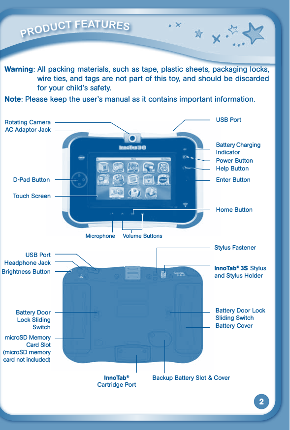 2         PrOduCT FEaTurESEnter ButtonD-Pad ButtonPower ButtonUSBPortHelp ButtonMicrophone VolumeButtonsTouch ScreenHome ButtonRotating CameraAC Adaptor JackBattery Charging IndicatorInnoTab® 3S Stylus and Stylus HolderStylus FastenerInnoTab®Cartridge Port Backup Battery Slot &amp; CoverBattery Door Lock Sliding SwitchBattery CoverBattery Door Lock Sliding SwitchmicroSD Memory Card Slot(microSD memory card not included)USBPortHeadphone JackBrightness ButtonWarning: All packing materials, such as tape, plastic sheets, packaging locks, wire ties, and tags are not part of this toy, and should be discarded foryourchild’ssafety.Note:Pleasekeeptheuser’smanualasitcontainsimportantinformation.
