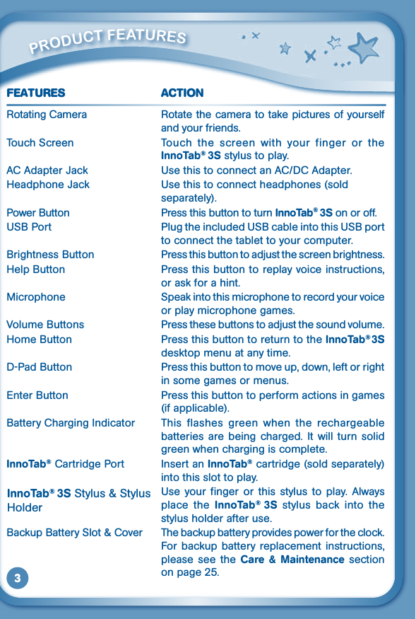 3         PrOduCT FEaTurESFEATURES ACTIONRotating Camera  Rotate the camera to take pictures of yourself and your friends.Touch Screen   Touch  the  screen  with  your  finger  or  the InnoTab® 3S stylus to play.AC Adapter Jack  Use this to connect an AC/DC Adapter.Headphone Jack   Use this to connect headphones (sold separately).Power Button  Press this button to turn InnoTab® 3S on or off.USB Port   Plug the included USB cable into this USB port to connect the tablet to your computer.Brightness Button  Press this button to adjust the screen brightness.Help Button  Press this button to replay voice instructions, or ask for a hint.Microphone  Speak into this microphone to record your voice or play microphone games.Volume Buttons  Press these buttons to adjust the sound volume.Home Button  Press this button to return to the InnoTab®3S desktop menu at any time.D-Pad Button   Press this button to move up, down, left or right in some games or menus.Enter Button  Press this button to perform actions in games (if applicable).Battery Charging Indicator   This  flashes  green  when  the  rechargeable batteries are being  charged. It  will  turn  solid green when charging is complete.InnoTab® Cartridge Port  Insert an InnoTab® cartridge (sold separately) into this slot to play.  Use  your  finger  or  this  stylus  to  play.  Always place  the  InnoTab®  3S  stylus  back  into  the stylus holder after use.Backup Battery Slot &amp; Cover  The backup battery provides power for the clock. For backup battery replacement instructions, please  see  the  Care &amp;  Maintenance section on page 25.InnoTab® 3S Stylus &amp; Stylus Holder