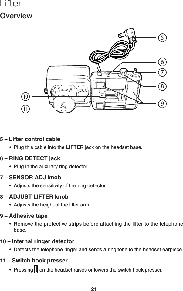 2121LifterOverview5 – Lifter control cablePlug this cable into the LIFTER jack on the headset base.6 – RING DETECT jackPlug in the auxiliary ring detector.7 – SENSOR ADJ knobAdjusts the sensitivity of the ring detector. 8 – ADJUST LIFTER knobAdjusts the height of the lifter arm. 9 – Adhesive tapeRemove the protective strips before attaching the lifter to the telephone base.  10 – Internal ringer detectorDetects the telephone ringer and sends a ring tone to the headset earpiece. 11 – Switch hook presserPressing   on the headset raises or lowers the switch hook presser.•••••••698751110