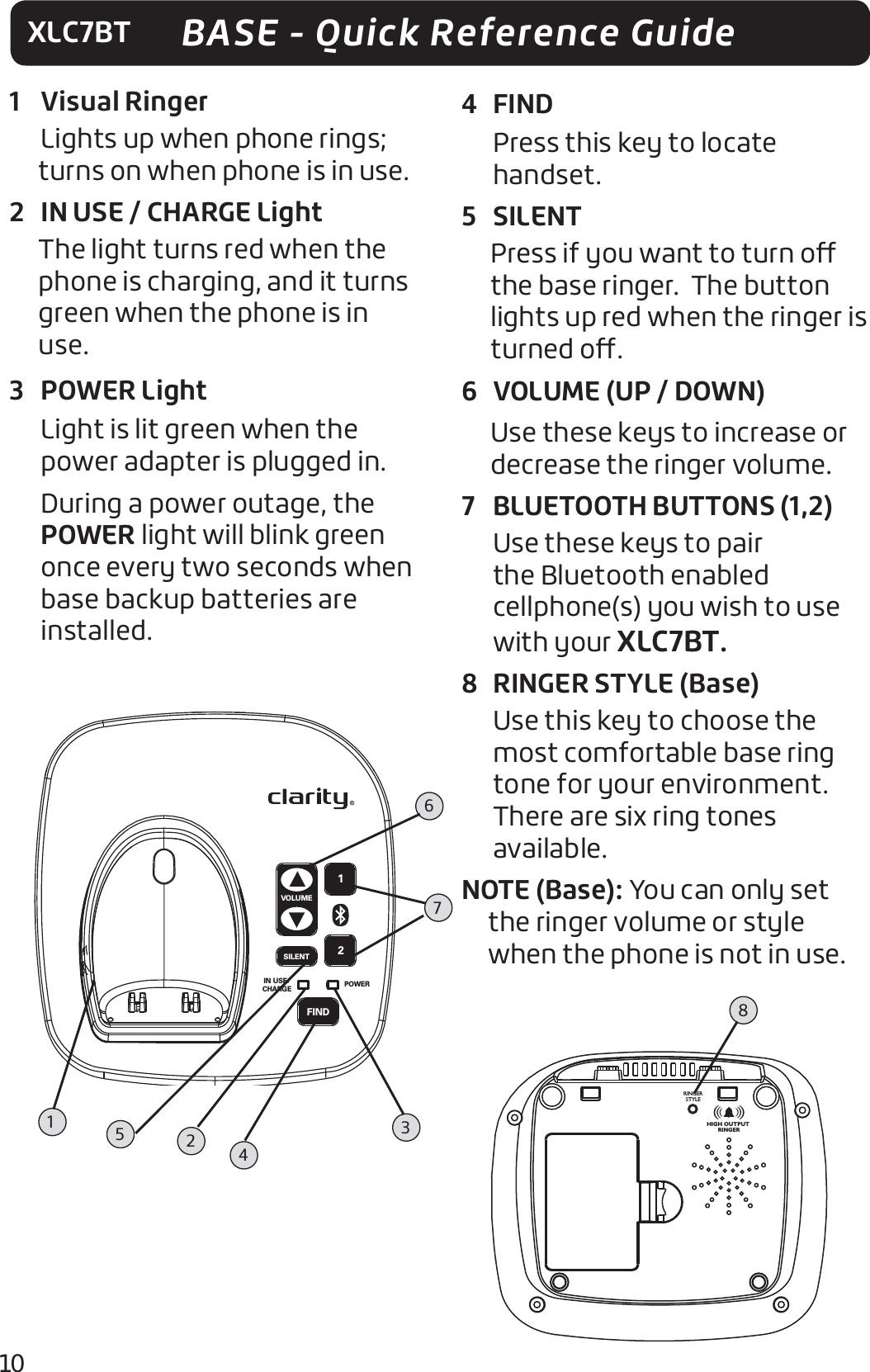 10XLC7BT1 Visual Ringer Lights up when phone rings; turns on when phone is in use.2  IN USE / CHARGE LightThe light turns red when the phone is charging, and it turns green when the phone is in use. 3 POWER LightLight is lit green when the power adapter is plugged in.During a power outage, the POWER light will blink green once every two seconds when base backup batteries are installed.4 FINDPress this key to locate handset. 5   SILENTPress if you want to turn o the base ringer.  The button lights up red when the ringer is turned o.6  VOLUME (UP / DOWN)Use these keys to increase or decrease the ringer volume.7  BLUETOOTH BUTTONS (1,2)Use these keys to pair the Bluetooth enabled cellphone(s) you wish to use with your XLC7BT.8  RINGER STYLE (Base)Use this key to choose the most comfortable base ring tone for your environment. There are six ring tones available.NOTE (Base): You can only set the ringer volume or style when the phone is not in use.IN USE/CHARGE POWERFIND21VOLUMESILENT1284356RINGERSTYLEHIGH OUTPUT RINGERBASE - Quick Reference Guide7