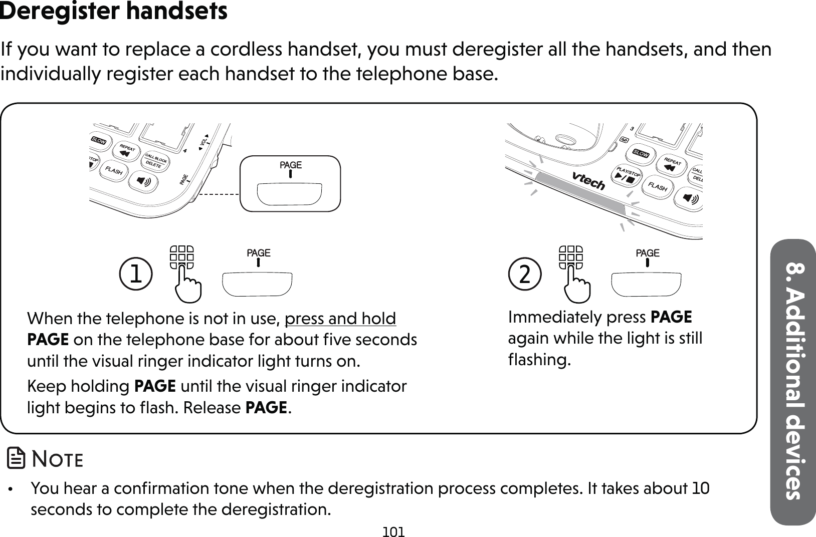 1018. Additional devicesDeregister handsetsIf you want to replace a cordless handset, you must deregister all the handsets, and then individually register each handset to the telephone base. •  You hear a conﬁrmation tone when the deregistration process completes. It takes about 10 seconds to complete the deregistration.1  When the telephone is not in use, press and hold PAGE on the telephone base for about ﬁve seconds until the visual ringer indicator light turns on.Keep holding PAGE until the visual ringer indicator light begins to ﬂash. Release PAGE.2  Immediately press PAGE again while the light is still ﬂashing.