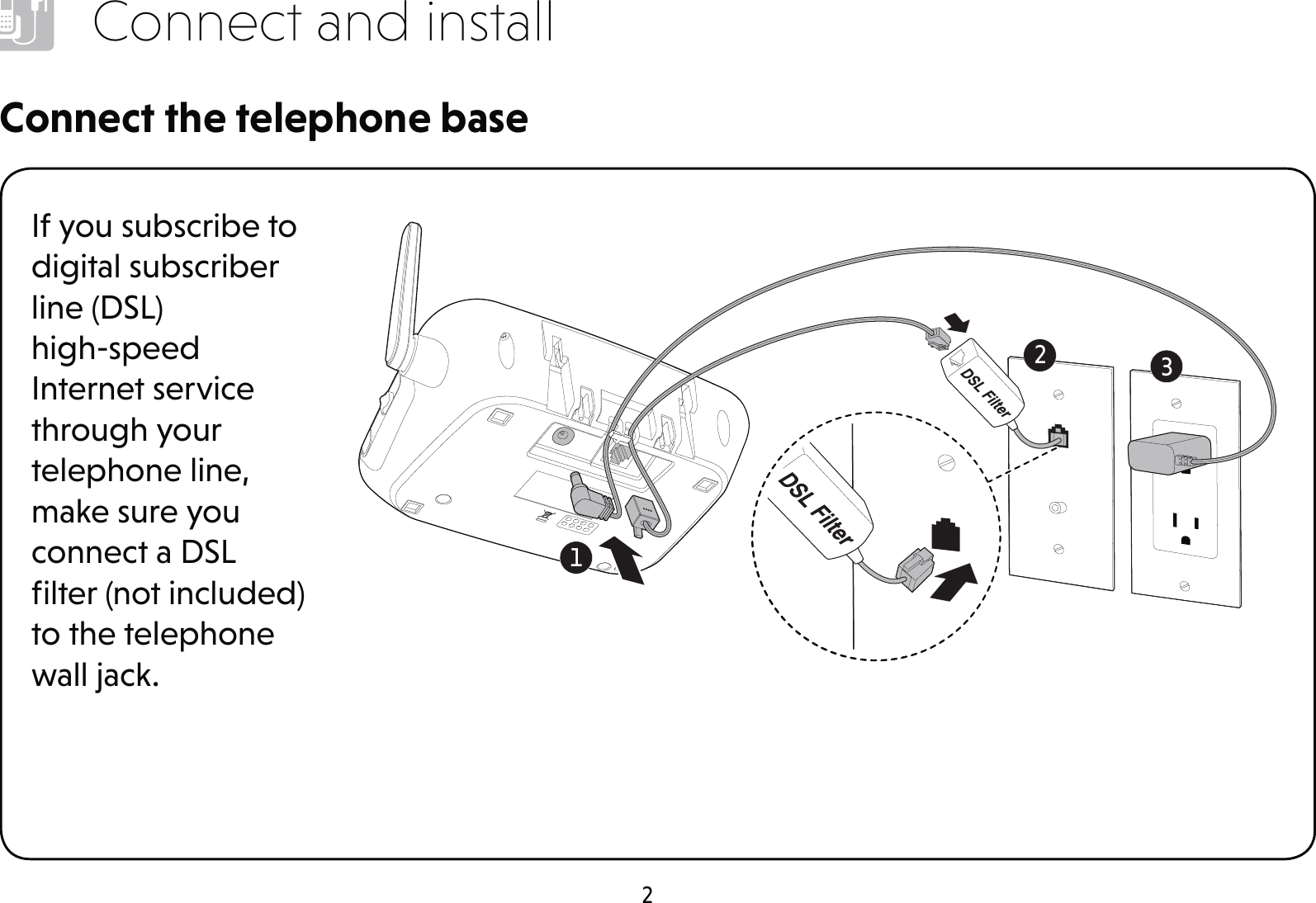 2Connect and installConnect the telephone baseIf you subscribe to digital subscriber line (DSL)  high-speed Internet service through your telephone line, make sure you connect a DSL ﬁlter (not included) to the telephone wall jack.231