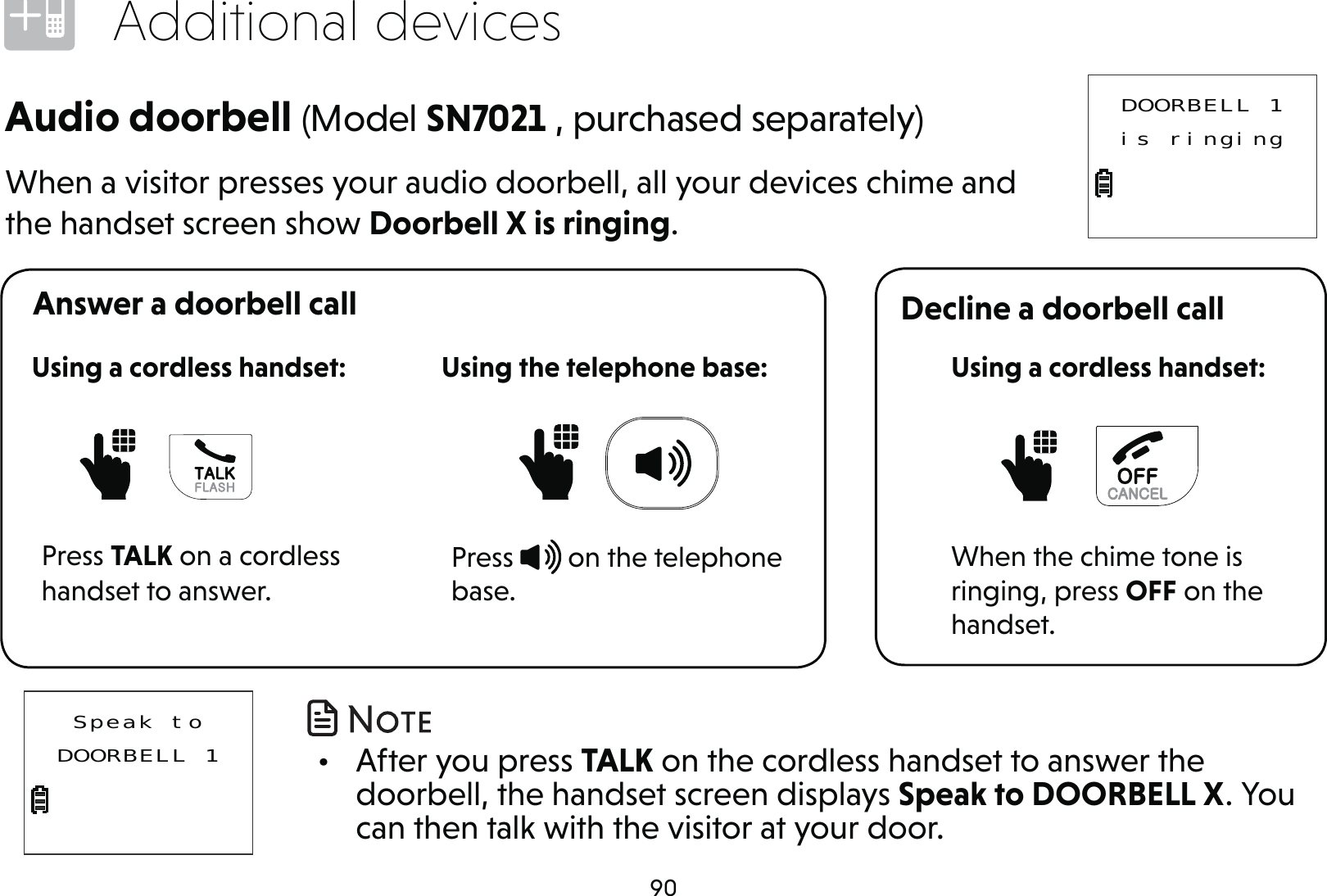 90Additional devicesAnswer a doorbell call Decline a doorbell callAudio doorbell (Model SN7021 , purchased separately)When a visitor presses your audio doorbell, all your devices chime and the handset screen show Doorbell X is ringing.When the chime tone is ringing, press OFF on the handset.Using a cordless handset:Press TALK on a cordless handset to answer.Using a cordless handset:Press   on the telephone base.   Using the telephone base:DOORBELL 1is ringingSpeak toDOORBELL 1 •  After you press TALK on the cordless handset to answer the doorbell, the handset screen displays Speak to DOORBELL X. You can then talk with the visitor at your door.