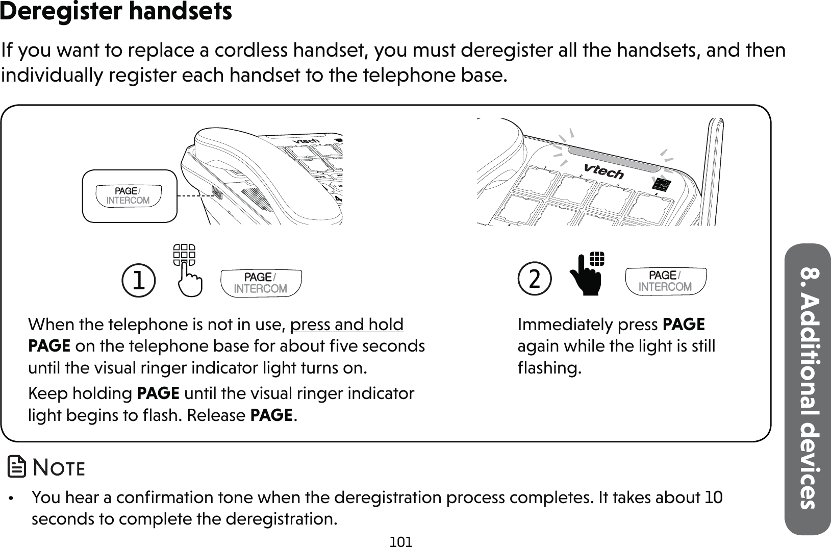 1018. Additional devicesDeregister handsetsIf you want to replace a cordless handset, you must deregister all the handsets, and then individually register each handset to the telephone base. •  You hear a conﬁrmation tone when the deregistration process completes. It takes about 10 seconds to complete the deregistration.1 When the telephone is not in use, press and hold PAGE on the telephone base for about ﬁve seconds until the visual ringer indicator light turns on.Keep holding PAGE until the visual ringer indicator light begins to ﬂash. Release PAGE.2 Immediately press PAGE again while the light is still ﬂashing.