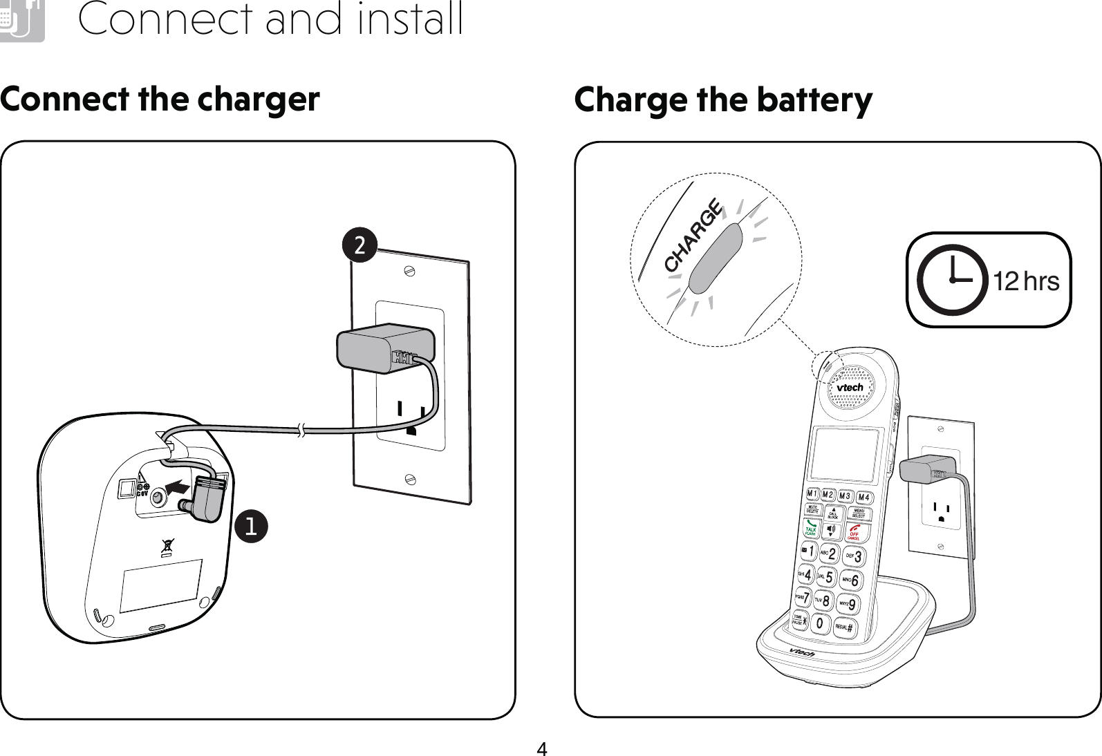 4Connect and installConnect the charger Charge the battery12 hrs