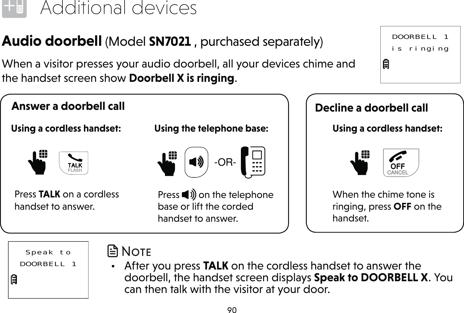 90Additional devicesAnswer a doorbell call Decline a doorbell callAudio doorbell (Model SN7021 , purchased separately)When a visitor presses your audio doorbell, all your devices chime and the handset screen show Doorbell X is ringing.When the chime tone is ringing, press OFF on the handset.Using a cordless handset:Press TALK on a cordless handset to answer.Using a cordless handset:Press   on the telephone base or lift the corded handset to answer.  25Using the telephone base:DOORBELL 1is ringingSpeak toDOORBELL 1 •  After you press TALK on the cordless handset to answer the doorbell, the handset screen displays Speak to DOORBELL X. You can then talk with the visitor at your door.