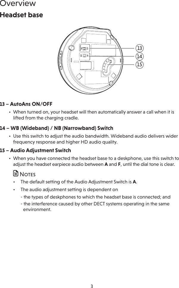 3Overview13 – AutoAns ON/OFF•  When turned on, your headset will then automatically answer a call when it is lifted from the charging cradle.14 – WB (Wideband) / NB (Narrowband) Switch•  Use this switch to adjust the audio bandwidth. Wideband audio delivers wider frequency response and higher HD audio quality.15 – Audio Adjustment Switch•  When you have connected the headset base to a deskphone, use this switch to adjust the headset earpiece audio between A and F, until the dial tone is clear.   Notes•  The default setting of the Audio Adjustment Switch is A. •  The audio adjustment setting is dependent on - the types of deskphones to which the headset base is connected; and - the interference caused by other DECT systems operating in the same    environment.Headset base345128131415967101112
