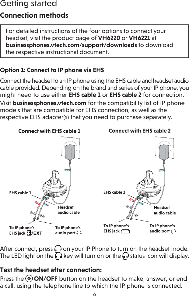 6Getting startedConnection methodsFor detailed instructions of the four options to connect your headset, visit the product page of VH6220 or VH6221 at businessphones.vtech.com/support/downloads to download the respective instructional document.Option 1: Connect to IP phone via EHSConnect the headset to an IP phone using the EHS cable and headset audio cable provided. Depending on the brand and series of your IP phone, you might need to use either EHS cable 1 or EHS cable 2 for connection.Visit businessphones.vtech.com for the compatibility list of IP phone models that are compatible for EHS connection, as well as the respective EHS adapter(s) that you need to purchase separately.After connect, press   on your IP Phone to turn on the headset mode. The LED light on the   key will turn on or the   status icon will display. Test the headset after connection:Press the  ON/OFF button on the headset to make, answer, or end a call, using the telephone line to which the IP phone is connected.EHS cable 1Headset audio cableConnect with EHS cable 1To IP phone’s audio port To IP phone’s  EHS jack   Connect with EHS cable 2Headset audio cableEHS cable 2To IP phone’s audio port To IP phone’s EHS jack 