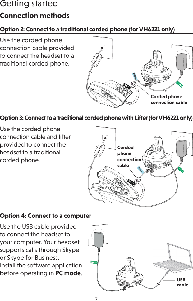7Getting startedOption 3: Connect to a traditional corded phone with Lifter (for VH6221 only)Use the corded phone connection cable and lifter provided to connect the headset to a traditional  corded phone.Option 4: Connect to a computerUse the USB cable provided to connect the headset to your computer. Your headset supports calls through Skype  or Skype for Business.  Install the software application  before operating in PC mode.Connection methodsOption 2: Connect to a traditional corded phone (for VH6221 only)Use the corded phone connection cable provided to connect the headset to a traditional corded phone.Corded phone connection cable Corded phone connection cable USB cable