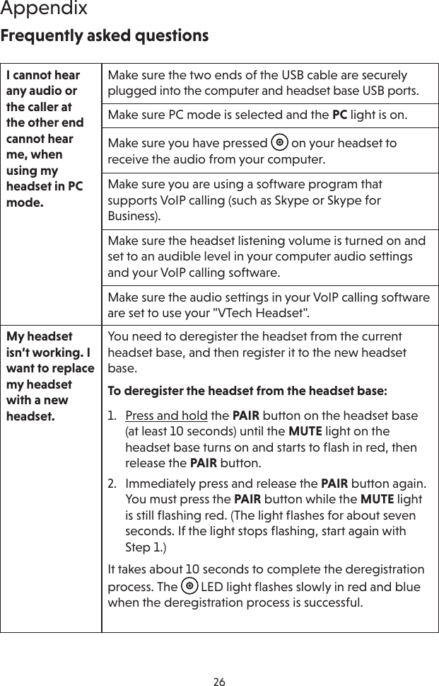 26AppendixFrequently asked questionsI cannot hear any audio or the caller at the other end cannot hear me, when using my headset in PC mode.Make sure the two ends of the USB cable are securely plugged into the computer and headset base USB ports.Make sure PC mode is selected and the PC light is on. Make sure you have pressed   on your headset to receive the audio from your computer.Make sure you are using a software program that supports VoIP calling (such as Skype or Skype for Business). Make sure the headset listening volume is turned on and set to an audible level in your computer audio settings and your VoIP calling software.Make sure the audio settings in your VoIP calling software are set to use your &quot;VTech Headset&quot;.My headset isn’t working. I want to replace my headset with a new headset.You need to deregister the headset from the current headset base, and then register it to the new headset base.To deregister the headset from the headset base:1.  Press and hold the PAIR button on the headset base (at least 10 seconds) until the MUTE light on the headset base turns on and starts to ﬂash in red, then release the PAIR button.2.  Immediately press and release the PAIR button again. You must press the PAIR button while the MUTE light is still ﬂashing red. (The light ﬂashes for about seven seconds. If the light stops ﬂashing, start again with Step 1.)It takes about 10 seconds to complete the deregistration process. The   LED light ﬂashes slowly in red and blue when the deregistration process is successful.