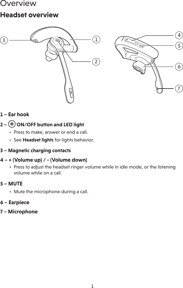 1OverviewHeadset overview1 – Ear hook2 –   ON/OFF button and LED light•  Press to make, answer or end a call.•  See Headset lights for lights behavior.3 – Magnetic charging contacts4 – + (Volume up) / - (Volume down) •  Press to adjust the headset ringer volume while in idle mode, or the listening volume while on a call.5 – MUTE•  Mute the microphone during a call.6 – Earpiece7 – Microphone5674231