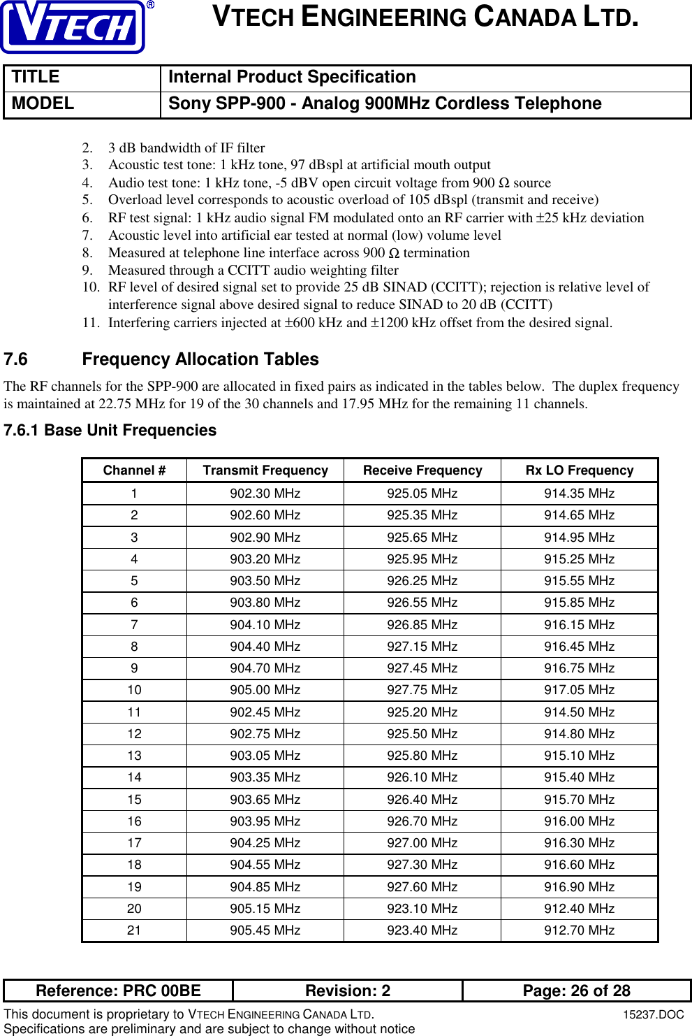 VTECH ENGINEERING CANADA LTD.TITLE Internal Product SpecificationMODEL Sony SPP-900 - Analog 900MHz Cordless TelephoneReference: PRC 00BE Revision: 2 Page: 26 of 28This document is proprietary to VTECH ENGINEERING CANADA LTD.15237.DOCSpecifications are preliminary and are subject to change without notice2. 3 dB bandwidth of IF filter3. Acoustic test tone: 1 kHz tone, 97 dBspl at artificial mouth output4. Audio test tone: 1 kHz tone, -5 dBV open circuit voltage from 900 Ω source5. Overload level corresponds to acoustic overload of 105 dBspl (transmit and receive)6. RF test signal: 1 kHz audio signal FM modulated onto an RF carrier with ±25 kHz deviation7. Acoustic level into artificial ear tested at normal (low) volume level8. Measured at telephone line interface across 900 Ω termination9. Measured through a CCITT audio weighting filter10. RF level of desired signal set to provide 25 dB SINAD (CCITT); rejection is relative level ofinterference signal above desired signal to reduce SINAD to 20 dB (CCITT)11. Interfering carriers injected at ±600 kHz and ±1200 kHz offset from the desired signal.7.6  Frequency Allocation TablesThe RF channels for the SPP-900 are allocated in fixed pairs as indicated in the tables below.  The duplex frequencyis maintained at 22.75 MHz for 19 of the 30 channels and 17.95 MHz for the remaining 11 channels.7.6.1 Base Unit FrequenciesChannel # Transmit Frequency Receive Frequency Rx LO Frequency1 902.30 MHz 925.05 MHz 914.35 MHz2 902.60 MHz 925.35 MHz 914.65 MHz3 902.90 MHz 925.65 MHz 914.95 MHz4 903.20 MHz 925.95 MHz 915.25 MHz5 903.50 MHz 926.25 MHz 915.55 MHz6 903.80 MHz 926.55 MHz 915.85 MHz7 904.10 MHz 926.85 MHz 916.15 MHz8 904.40 MHz 927.15 MHz 916.45 MHz9 904.70 MHz 927.45 MHz 916.75 MHz10 905.00 MHz 927.75 MHz 917.05 MHz11 902.45 MHz 925.20 MHz 914.50 MHz12 902.75 MHz 925.50 MHz 914.80 MHz13 903.05 MHz 925.80 MHz 915.10 MHz14 903.35 MHz 926.10 MHz 915.40 MHz15 903.65 MHz 926.40 MHz 915.70 MHz16 903.95 MHz 926.70 MHz 916.00 MHz17 904.25 MHz 927.00 MHz 916.30 MHz18 904.55 MHz 927.30 MHz 916.60 MHz19 904.85 MHz 927.60 MHz 916.90 MHz20 905.15 MHz 923.10 MHz 912.40 MHz21 905.45 MHz 923.40 MHz 912.70 MHz