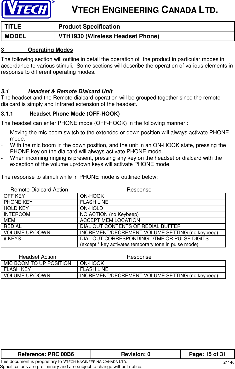 VTECH ENGINEERING CANADA LTD.TITLE Product SpecificationMODEL VTH1930 (Wireless Headset Phone)Reference: PRC 00B6 Revision: 0 Page: 15 of 31This document is proprietary to VTECH ENGINEERING CANADA LTD.Specifications are preliminary and are subject to change without notice. 211463                Operating ModesThe following section will outline in detail the operation of  the product in particular modes inaccordance to various stimuli.  Some sections will describe the operation of various elements inresponse to different operating modes.3.1  Headset &amp; Remote Dialcard UnitThe headset and the Remote dialcard operation will be grouped together since the remotedialcard is simply and Infrared extension of the headset.3.1.1   Headset Phone Mode (OFF-HOOK)The headset can enter PHONE mode (OFF-HOOK) in the following manner :-  Moving the mic boom switch to the extended or down position will always activate PHONEmode.-  With the mic boom in the down position, and the unit in an ON-HOOK state, pressing thePHONE key on the dialcard will always activate PHONE mode.-  When incoming ringing is present, pressing any key on the headset or dialcard with theexception of the volume up/down keys will activate PHONE mode.The response to stimuli while in PHONE mode is outlined below:      Remote Dialcard Action ResponseOFF KEY ON-HOOKPHONE KEY FLASH LINEHOLD KEY ON-HOLDINTERCOM NO ACTION (no Keybeep)MEM ACCEPT MEM LOCATIONREDIAL DIAL OUT CONTENTS OF REDIAL BUFFERVOLUME UP/DOWN INCREMENT/DECREMENT VOLUME SETTING (no keybeep)# KEYS DIAL OUT CORRESPONDING DTMF OR PULSE DIGITS(except * key activates temporary tone in pulse mode)Headset Action ResponseMIC BOOM TO UP POSITION ON-HOOKFLASH KEY FLASH LINEVOLUME UP/DOWN INCREMENT/DECREMENT VOLUME SETTING (no keybeep)