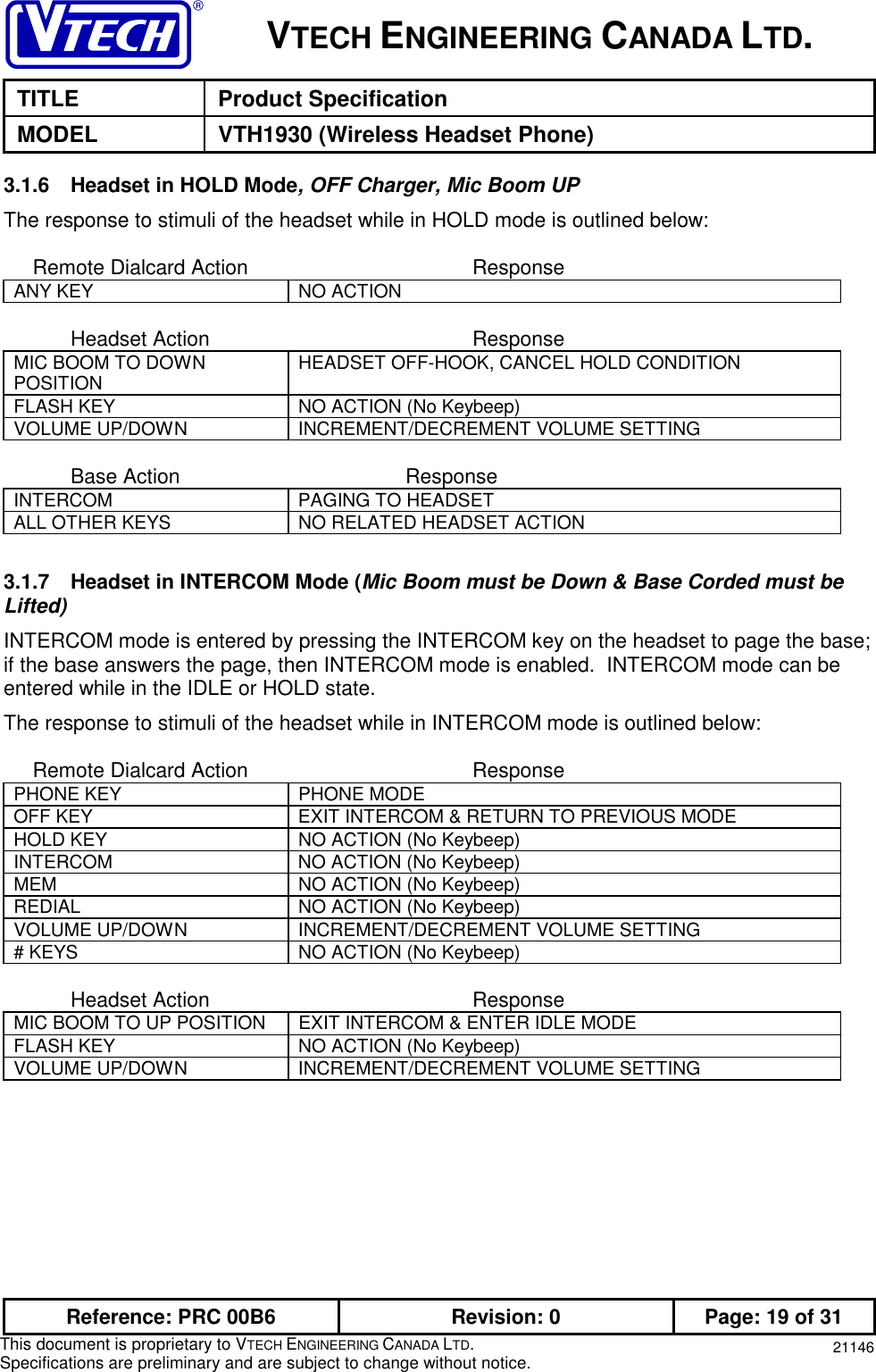 VTECH ENGINEERING CANADA LTD.TITLE Product SpecificationMODEL VTH1930 (Wireless Headset Phone)Reference: PRC 00B6 Revision: 0 Page: 19 of 31This document is proprietary to VTECH ENGINEERING CANADA LTD.Specifications are preliminary and are subject to change without notice. 211463.1.6 Headset in HOLD Mode, OFF Charger, Mic Boom UPThe response to stimuli of the headset while in HOLD mode is outlined below:     Remote Dialcard Action ResponseANY KEY NO ACTIONHeadset Action ResponseMIC BOOM TO DOWNPOSITION HEADSET OFF-HOOK, CANCEL HOLD CONDITIONFLASH KEY NO ACTION (No Keybeep)VOLUME UP/DOWN INCREMENT/DECREMENT VOLUME SETTINGBase Action ResponseINTERCOM PAGING TO HEADSETALL OTHER KEYS NO RELATED HEADSET ACTION3.1.7 Headset in INTERCOM Mode (Mic Boom must be Down &amp; Base Corded must beLifted)INTERCOM mode is entered by pressing the INTERCOM key on the headset to page the base;if the base answers the page, then INTERCOM mode is enabled.  INTERCOM mode can beentered while in the IDLE or HOLD state.The response to stimuli of the headset while in INTERCOM mode is outlined below:     Remote Dialcard Action ResponsePHONE KEY PHONE MODEOFF KEY EXIT INTERCOM &amp; RETURN TO PREVIOUS MODEHOLD KEY NO ACTION (No Keybeep)INTERCOM NO ACTION (No Keybeep)MEM NO ACTION (No Keybeep)REDIAL NO ACTION (No Keybeep)VOLUME UP/DOWN INCREMENT/DECREMENT VOLUME SETTING# KEYS NO ACTION (No Keybeep)Headset Action ResponseMIC BOOM TO UP POSITION EXIT INTERCOM &amp; ENTER IDLE MODEFLASH KEY NO ACTION (No Keybeep)VOLUME UP/DOWN INCREMENT/DECREMENT VOLUME SETTING