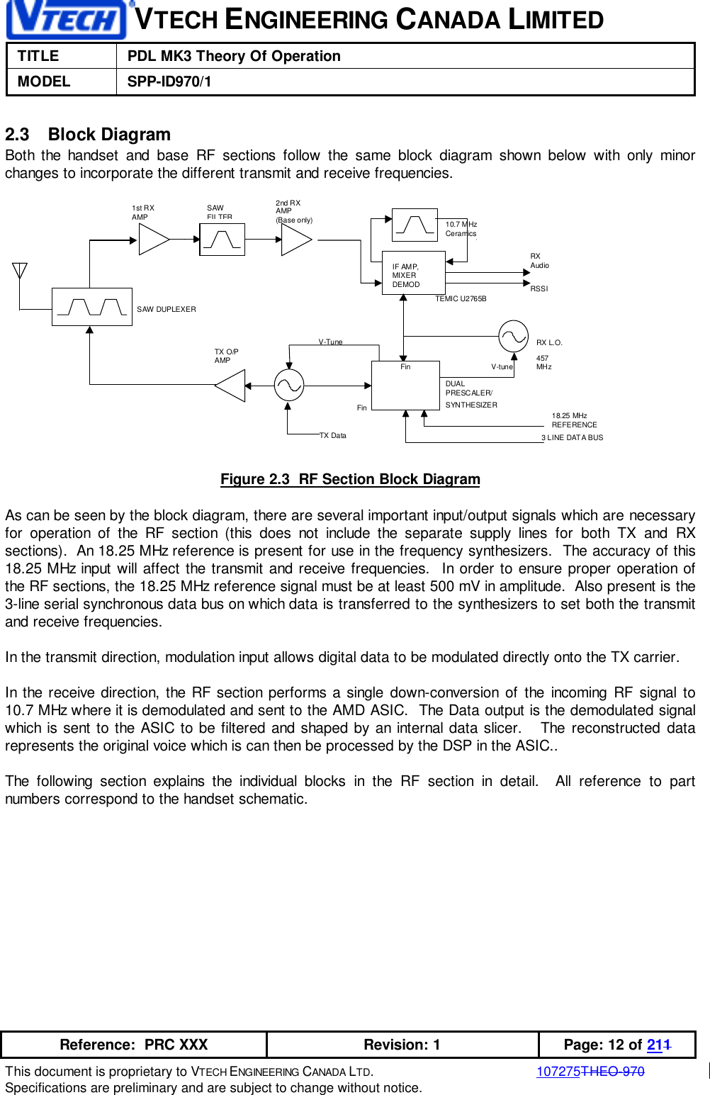 VTECH ENGINEERING CANADA LIMITEDTITLE PDL MK3 Theory Of OperationMODEL SPP-ID970/1Reference:  PRC XXX Revision: 1 Page: 12 of 211This document is proprietary to VTECH ENGINEERING CANADA LTD.107275THEO-970Specifications are preliminary and are subject to change without notice.2.3 Block DiagramBoth the handset and base RF sections follow the same block diagram shown below with only minorchanges to incorporate the different transmit and receive frequencies.SAWFILTERSYNTHESIZER18.25 MHzREFERENCE3 LINE DATA BUSRX L.O.DUALPRESCALER/457MHzFinFin V-tuneV-Tune2nd RXAMP(Base only)IF AMP,MIXERDEMOD1st RXAMPTX O/PAMPTEMIC U2765BTX DataSAW DUPLEXERRXAudio10.7 MHzCeramicsRSSIFigure 2.3  RF Section Block DiagramAs can be seen by the block diagram, there are several important input/output signals which are necessaryfor operation of the RF section (this does not include the separate supply lines for both TX and RXsections).  An 18.25 MHz reference is present for use in the frequency synthesizers.  The accuracy of this18.25 MHz input will affect the transmit and receive frequencies.  In order to ensure proper operation ofthe RF sections, the 18.25 MHz reference signal must be at least 500 mV in amplitude.  Also present is the3-line serial synchronous data bus on which data is transferred to the synthesizers to set both the transmitand receive frequencies.In the transmit direction, modulation input allows digital data to be modulated directly onto the TX carrier.In the receive direction, the RF section performs a single down-conversion of the incoming RF signal to10.7 MHz where it is demodulated and sent to the AMD ASIC.  The Data output is the demodulated signalwhich is sent to the ASIC to be filtered and shaped by an internal data slicer.   The reconstructed datarepresents the original voice which is can then be processed by the DSP in the ASIC..The following section explains the individual blocks in the RF section in detail.  All reference to partnumbers correspond to the handset schematic.
