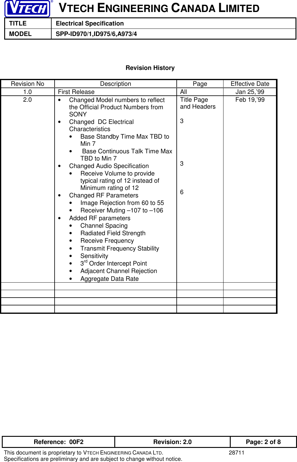 VTECH ENGINEERING CANADA LIMITEDTITLE Electrical SpecificationMODEL SPP-ID970/1,ID975/6,A973/4Reference:  00F2 Revision: 2.0 Page: 2 of 8This document is proprietary to VTECH ENGINEERING CANADA LTD. 28711Specifications are preliminary and are subject to change without notice.Revision HistoryRevision No Description Page Effective Date1.0 First Release All Jan 25,’992.0 •  Changed Model numbers to reflectthe Official Product Numbers fromSONY•  Changed  DC ElectricalCharacteristics•  Base Standby Time Max TBD toMin 7•   Base Continuous Talk Time MaxTBD to Min 7•  Changed Audio Specification•  Receive Volume to providetypical rating of 12 instead ofMinimum rating of 12•  Changed RF Parameters•  Image Rejection from 60 to 55•  Receiver Muting –107 to –106•  Added RF parameters• Channel Spacing•  Radiated Field Strength• Receive Frequency•  Transmit Frequency Stability• Sensitivity• 3rd Order Intercept Point•  Adjacent Channel Rejection•  Aggregate Data RateTitle Pageand Headers336Feb 19,’99