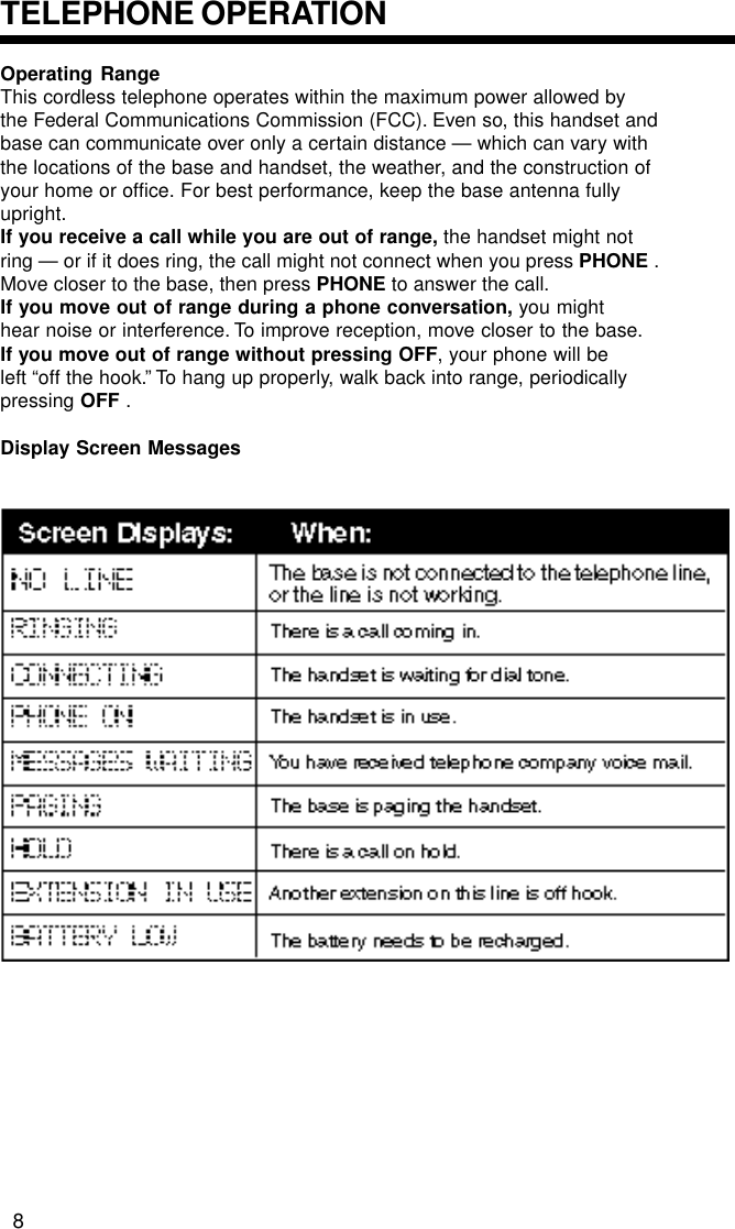 Operating RangeThis cordless telephone operates within the maximum power allowed bythe Federal Communications Commission (FCC). Even so, this handset andbase can communicate over only a certain distance — which can vary withthe locations of the base and handset, the weather, and the construction ofyour home or office. For best performance, keep the base antenna fullyupright.If you receive a call while you are out of range, the handset might notring — or if it does ring, the call might not connect when you press PHONE .Move closer to the base, then press PHONE to answer the call.If you move out of range during a phone conversation, you mighthear noise or interference. To improve reception, move closer to the base.If you move out of range without pressing OFF, your phone will beleft “off the hook.” To hang up properly, walk back into range, periodicallypressing OFF .Display Screen MessagesTELEPHONE OPERATION8