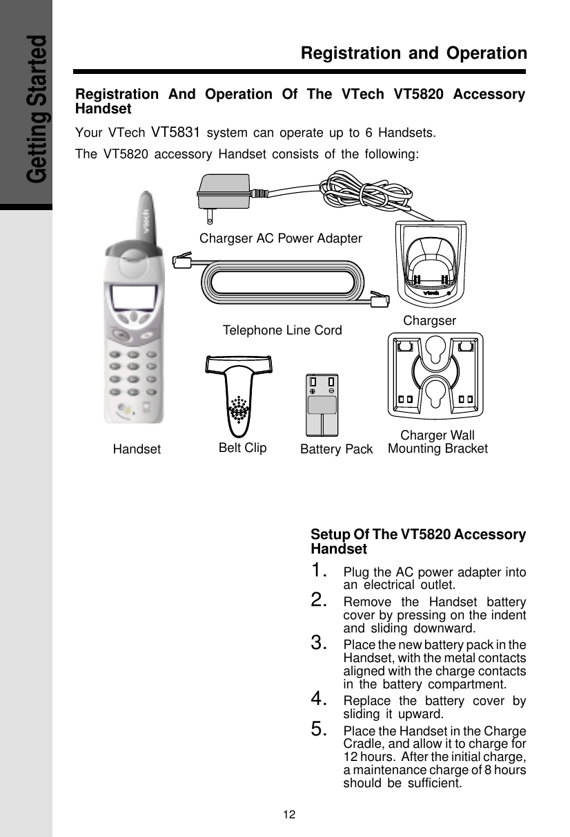 12Registration and OperationRegistration And Operation Of The VTech VT5820 AccessoryHandsetYour VTech VT5831 system can operate up to 6 Handsets.The VT5820 accessory Handset consists of the following:Setup Of The VT5820 AccessoryHandset1. Plug the AC power adapter intoan electrical outlet.2. Remove the Handset batterycover by pressing on the indentand sliding downward.3. Place the new battery pack in theHandset, with the metal contactsaligned with the charge contactsin the battery compartment.4. Replace the battery cover bysliding it upward.5. Place the Handset in the ChargeCradle, and allow it to charge for12 hours.  After the initial charge,a maintenance charge of 8 hoursshould be sufficient.Getting StartedTelephone Line CordBelt Clip Battery Pack Charger WallMounting BracketChargser AC Power AdapterChargserHandset