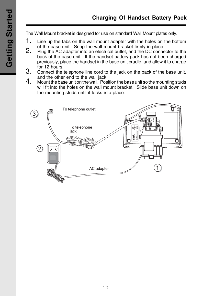 10To telephonejackTo telephone outletAC adapterVTECH TELECOMMUNICATIONS LTD.DC 9V 500mACLASS 2 POWER SOURCE ONLYCORDLESS TELEPHONE213The Wall Mount bracket is designed for use on standard Wall Mount plates only.1. Line up the tabs on the wall mount adapter with the holes on the bottomof the base unit.  Snap the wall mount bracket firmly in place.2. Plug the AC adapter into an electrical outlet, and the DC connector to theback of the base unit.  If the handset battery pack has not been chargedpreviously, place the handset in the base unit cradle, and allow it to chargefor 12 hours.3. Connect the telephone line cord to the jack on the back of the base unit,and the other end to the wall jack.4. Mount the base unit on the wall.  Position the base unit so the mounting studswill fit into the holes on the wall mount bracket.  Slide base unit down onthe mounting studs until it locks into place.Charging Of Handset Battery PackGetting Started