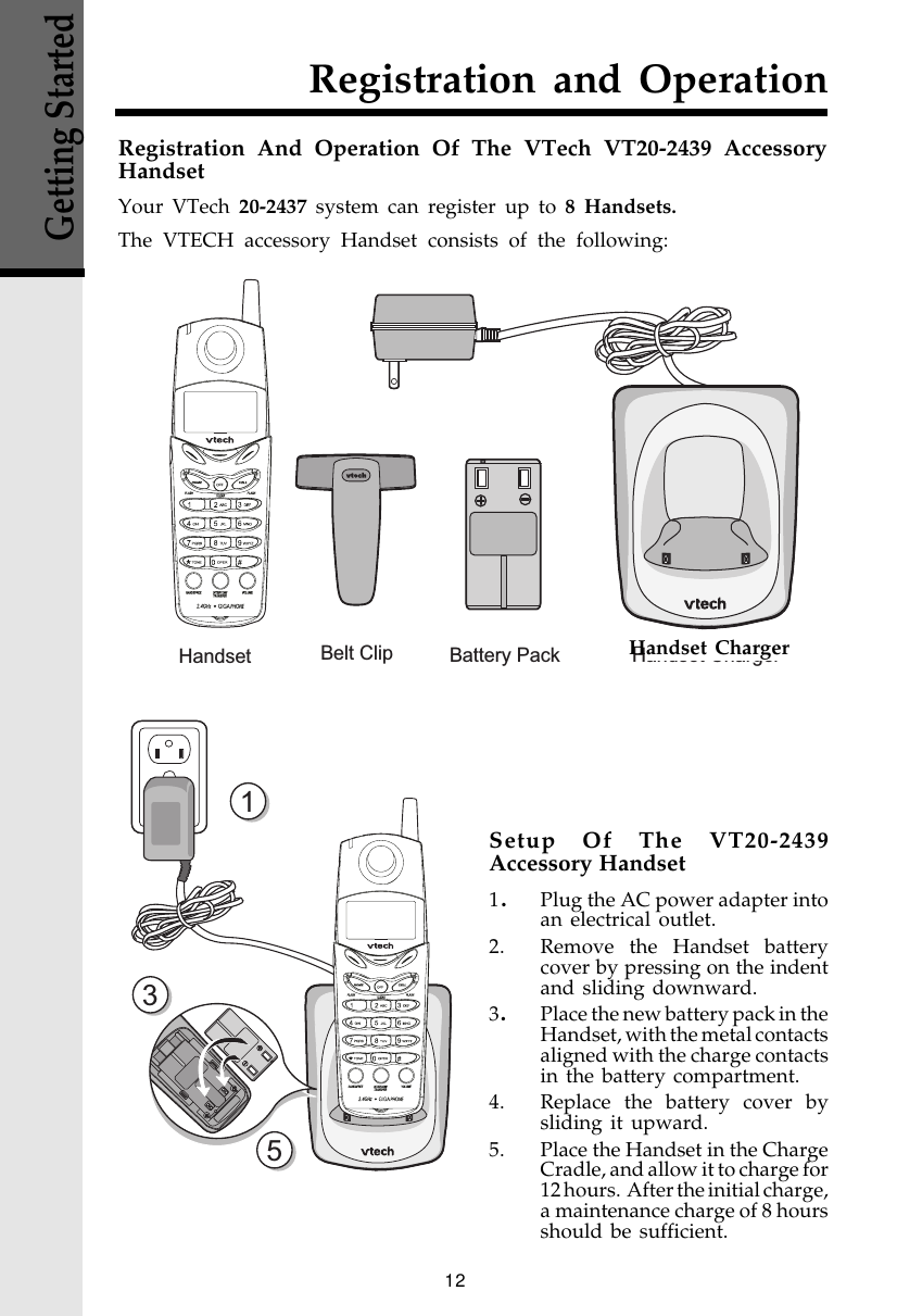 12Registration and OperationRegistration And Operation Of The VTech VT20-2439 AccessoryHandsetYour VTech 20-2437 system can register up to 8 Handsets.The VTECH accessory Handset consists of the following:Setup Of The VT20-2439Accessory Handset1.Plug the AC power adapter intoan electrical outlet.2. Remove the Handset batterycover by pressing on the indentand sliding downward.3.Place the new battery pack in theHandset, with the metal contactsaligned with the charge contactsin the battery compartment.4. Replace the battery cover bysliding it upward.5. Place the Handset in the ChargeCradle, and allow it to charge for12 hours.  After the initial charge,a maintenance charge of 8 hoursshould be sufficient.Handset Battery Pack  Handset ChargerBelt Clip153Handset ChargerGetting Started