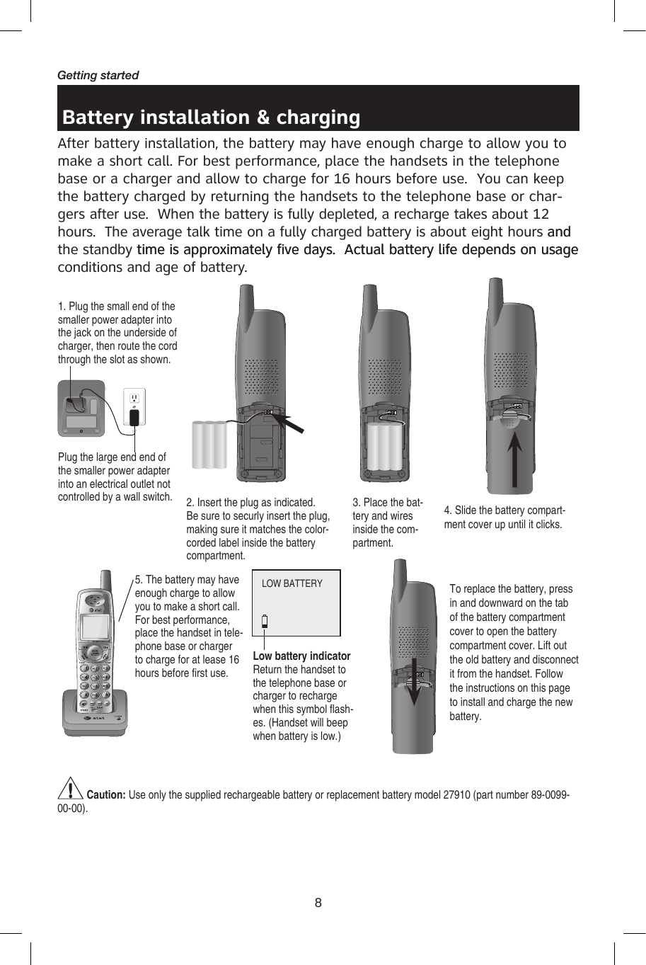 8Getting startedBattery installation &amp; chargingAfter battery installation, the battery may have enough charge to allow you to make a short call. For best performance, place the handsets in the telephone base or a charger and allow to charge for 16 hours before use.  You can keep the battery charged by returning the handsets to the telephone base or char-gers after use.  When the battery is fully depleted, a recharge takes about 12 hours.  The average talk time on a fully charged battery is about eight hours andand the standby time is approximately five days. Actual battery life depends on usage time is approximately five days.  Actual battery life depends on usage conditions and age of battery.5. The battery may have enough charge to allow you to make a short call. For best performance, place the handset in tele-phone base or charger to charge for at lease 16 hours before first use. Caution: Use only the supplied rechargeable battery or replacement battery model 27910 (part number 89-0099-00-00).2. Insert the plug as indicated. Be sure to securly insert the plug, making sure it matches the color-corded label inside the battery compartment.4. Slide the battery compart-ment cover up until it clicks.3. Place the bat-tery and wires inside the com-partment.Low battery indicatorReturn the handset to the telephone base or charger to recharge when this symbol flash-es. (Handset will beep when battery is low.)LOW BATTERY1. Plug the small end of the smaller power adapter into the jack on the underside of charger, then route the cord through the slot as shown.Plug the large end end of the smaller power adapter into an electrical outlet not controlled by a wall switch.To replace the battery, press in and downward on the tab of the battery compartment cover to open the battery compartment cover. Lift out the old battery and disconnect it from the handset. Follow the instructions on this page to install and charge the new battery.