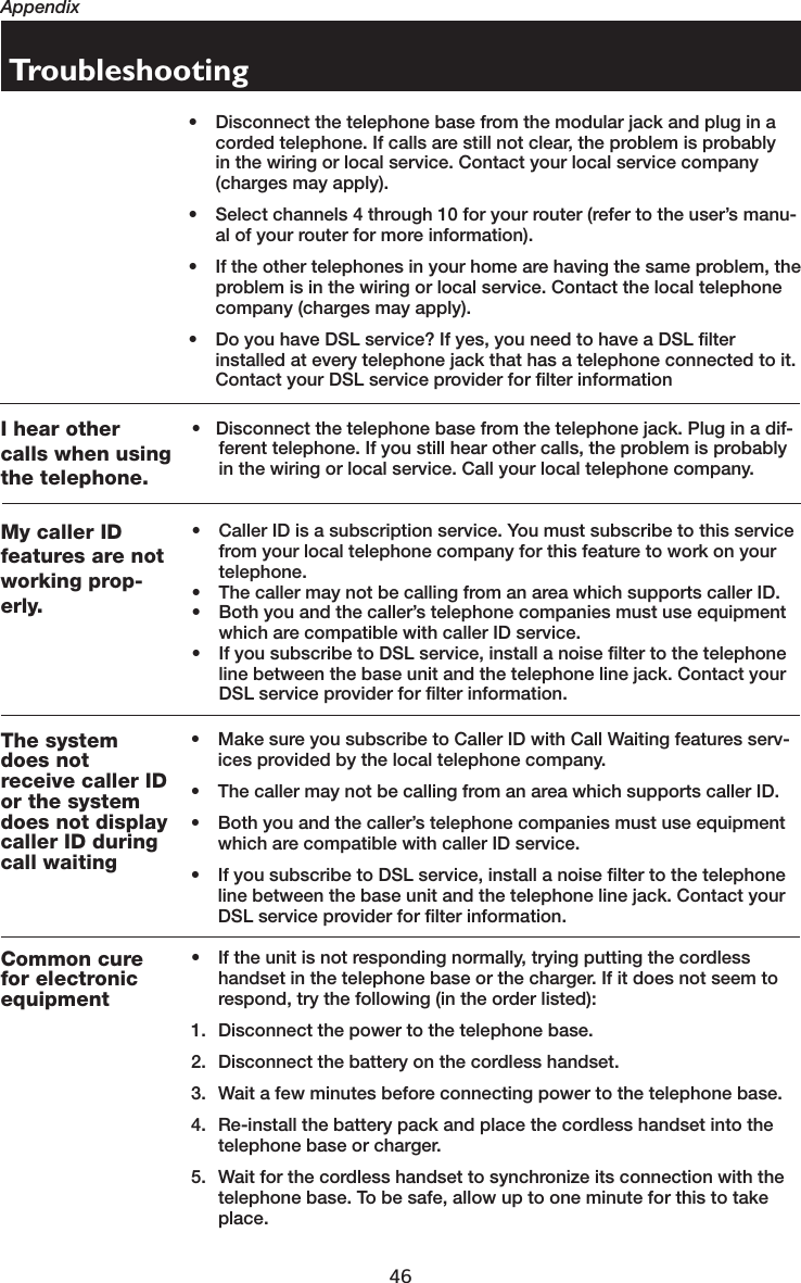 46AppendixTroubleshootingI hear othercalls when usingthe telephone.• Disconnect the telephone base from the telephone jack. Plug in a dif-ferent telephone. If you still hear other calls, the problem is probably in the wiring or local service. Call your local telephone company.• If the unit is not responding normally, trying putting the cordless handset in the telephone base or the charger. If it does not seem to respond, try the following (in the order listed):1. Disconnect the power to the telephone base.2. Disconnect the battery on the cordless handset.3. Wait a few minutes before connecting power to the telephone base.4. Re-install the battery pack and place the cordless handset into the telephone base or charger.5. Wait for the cordless handset to synchronize its connection with the telephone base. To be safe, allow up to one minute for this to take place.Common curefor electronicequipmentMy caller IDfeatures are notworking prop-erly.• Caller ID is a subscription service. You must subscribe to this service from your local telephone company for this feature to work on your telephone.• The caller may not be calling from an area which supports caller ID.• Both you and the caller’s telephone companies must use equipment which are compatible with caller ID service.• If you subscribe to DSL service, install a noise filter to the telephone line between the base unit and the telephone line jack. Contact your DSL service provider for filter information.• Disconnect the telephone base from the modular jack and plug in a corded telephone. If calls are still not clear, the problem is probably in the wiring or local service. Contact your local service company (charges may apply).•  Select channels 4 through 10 for your router (refer to the user’s manu-al of your router for more information).• If the other telephones in your home are having the same problem, the problem is in the wiring or local service. Contact the local telephone company (charges may apply).• Do you have DSL service? If yes, you need to have a DSL filter installed at every telephone jack that has a telephone connected to it. Contact your DSL service provider for filter informationThe systemdoes notreceive caller IDor the systemdoes not displaycaller ID duringcall waiting• Make sure you subscribe to Caller ID with Call Waiting features serv-ices provided by the local telephone company. • The caller may not be calling from an area which supports caller ID.• Both you and the caller’s telephone companies must use equipment which are compatible with caller ID service.• If you subscribe to DSL service, install a noise filter to the telephone line between the base unit and the telephone line jack. Contact your DSL service provider for filter information.