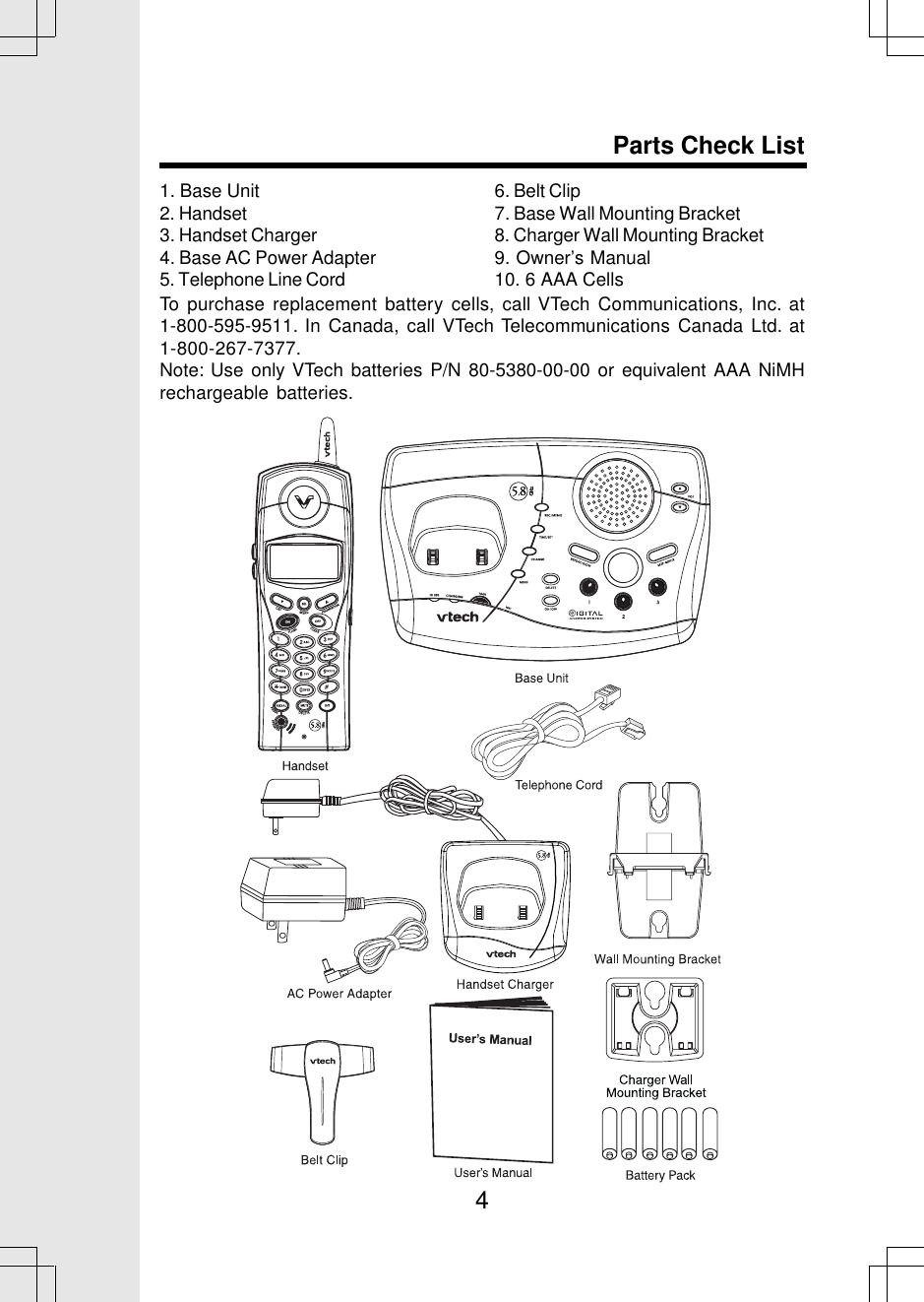 41. Base Unit2. Handset3. Handset Charger4. Base AC Power Adapter5. Telephone Line CordParts Check List6. Belt Clip7. Base Wall Mounting Bracket8. Charger Wall Mounting Bracket9. Owner’s Manual10. 6 AAA CellsTo purchase replacement battery cells, call VTech Communications, Inc. at1-800-595-9511. In Canada, call VTech Telecommunications Canada Ltd. at1-800-267-7377.Note: Use only VTech batteries P/N 80-5380-00-00 or equivalent AAA NiMHrechargeable batteries.