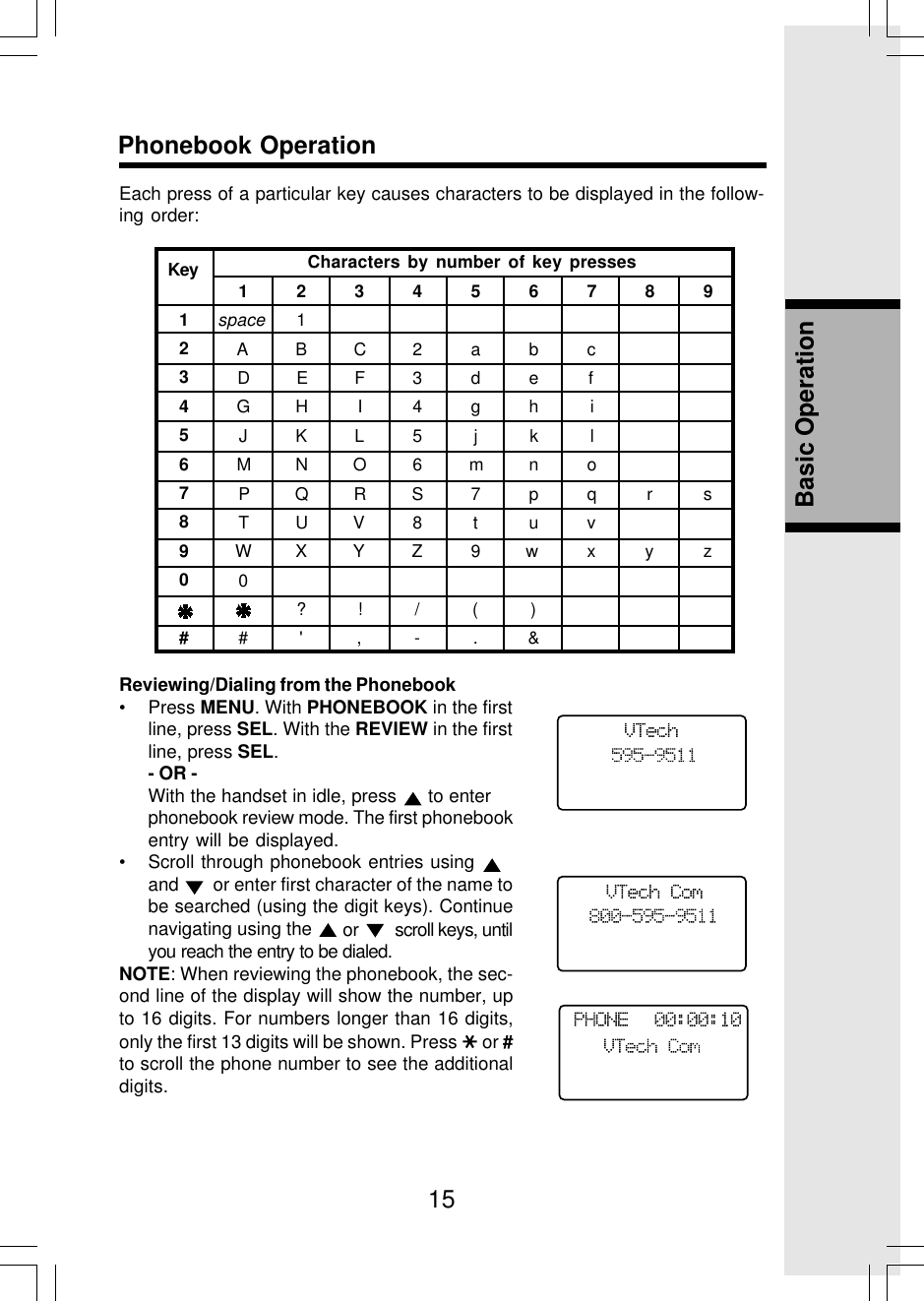 15Basic OperationPhonebook OperationEach press of a particular key causes characters to be displayed in the follow-ing order:Characters by number of key pressesKey 123456789 space 1ABC2abcDEF3de fGH I 4 g h iJKL5 j k lMNO6 mn oPQRS7pqr sTUV8 t uvWXY Z 9w x y z0?!/()#&apos;,-.&amp;1234567890#Reviewing/Dialing from the Phonebook• Press MENU. With PHONEBOOK in the firstline, press SEL. With the REVIEW in the firstline, press SEL.- OR -With the handset in idle, press   to enterphonebook review mode. The first phonebookentry will be displayed.• Scroll through phonebook entries using and    or enter first character of the name tobe searched (using the digit keys). Continuenavigating using the   or    scroll keys, untilyou reach the entry to be dialed.NOTE: When reviewing the phonebook, the sec-ond line of the display will show the number, upto 16 digits. For numbers longer than 16 digits,only the first 13 digits will be shown. Press   or #to scroll the phone number to see the additionaldigits.