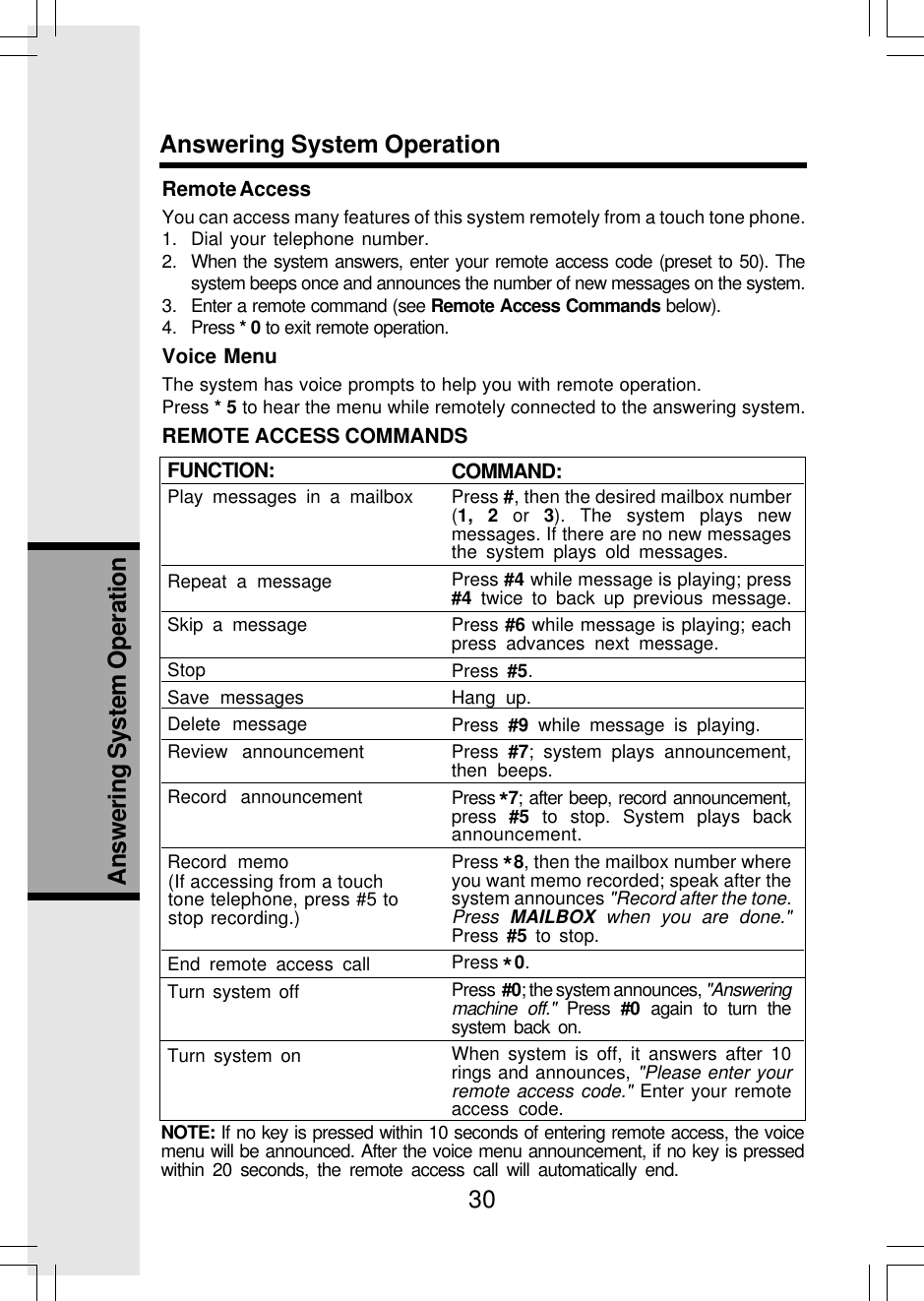 30Answering System OperationAnswering System OperationFUNCTION:Play messages in a mailboxRepeat a messageSkip a messageStopSave messagesDelete messageReview announcementRecord announcementRecord memoEnd remote access callTurn system offTurn system onRemote AccessYou can access many features of this system remotely from a touch tone phone.1. Dial your telephone number.2. When the system answers, enter your remote access code (preset to 50). Thesystem beeps once and announces the number of new messages on the system.3. Enter a remote command (see Remote Access Commands below).4. Press * 0 to exit remote operation.Voice MenuThe system has voice prompts to help you with remote operation.Press * 5 to hear the menu while remotely connected to the answering system.REMOTE ACCESS COMMANDSCOMMAND:Press #, then the desired mailbox number(1, 2 or 3). The system plays newmessages. If there are no new messagesthe system plays old messages.Press #4 while message is playing; press#4 twice to back up previous message.Press #6 while message is playing; eachpress advances next message.Press  #5.Hang up.Press  #9 while message is playing.Press  #7; system plays announcement,then beeps.Press  7; after beep, record announcement,press  #5 to stop. System plays backannouncement.Press   8, then the mailbox number whereyou want memo recorded; speak after thesystem announces &quot;Record after the tone.Press  MAILBOX when you are done.&quot;Press  #5 to stop.Press  0.Press  #0; the system announces, &quot;Answeringmachine off.&quot; Press #0 again to turn thesystem back on.When system is off, it answers after 10rings and announces, &quot;Please enter yourremote access code.&quot; Enter your remoteaccess code.NOTE: If no key is pressed within 10 seconds of entering remote access, the voicemenu will be announced. After the voice menu announcement, if no key is pressedwithin 20 seconds, the remote access call will automatically end.***(If accessing from a touchtone telephone, press #5 tostop recording.)