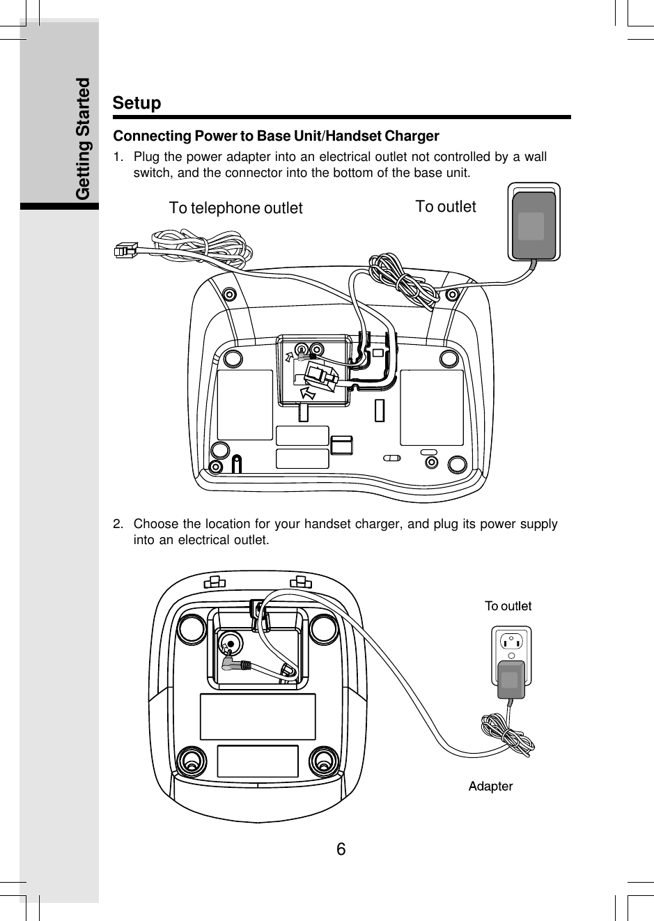 6Getting StartedConnecting Power to Base Unit/Handset Charger1. Plug the power adapter into an electrical outlet not controlled by a wallswitch, and the connector into the bottom of the base unit.2. Choose the location for your handset charger, and plug its power supplyinto an electrical outlet.SetupTo outletTo telephone outlet