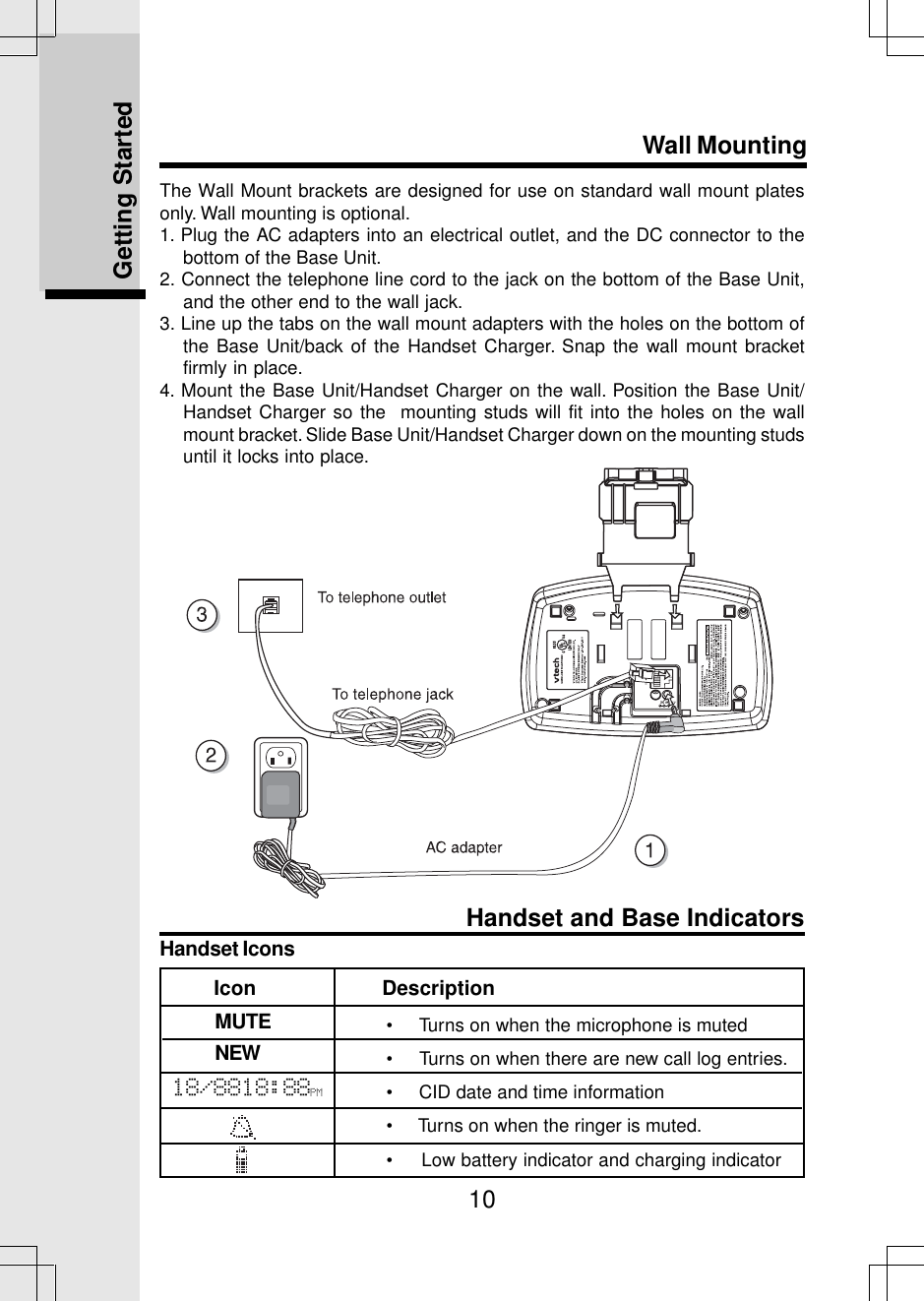 10The Wall Mount brackets are designed for use on standard wall mount platesonly. Wall mounting is optional.1. Plug the AC adapters into an electrical outlet, and the DC connector to thebottom of the Base Unit.2. Connect the telephone line cord to the jack on the bottom of the Base Unit,and the other end to the wall jack.3. Line up the tabs on the wall mount adapters with the holes on the bottom ofthe Base Unit/back of the Handset Charger. Snap the wall mount bracketfirmly in place.4. Mount the Base Unit/Handset Charger on the wall. Position the Base Unit/Handset Charger so the  mounting studs will fit into the holes on the wallmount bracket. Slide Base Unit/Handset Charger down on the mounting studsuntil it locks into place.Wall MountingGetting Started•     Turns on when the microphone is muted•     Turns on when there are new call log entries.•     CID date and time information•     Turns on when the ringer is muted.•     Low battery indicator and charging indicatorHandset and Base IndicatorsHandset Icons         Icon                     DescriptionMUTENEW18/8818:88PM