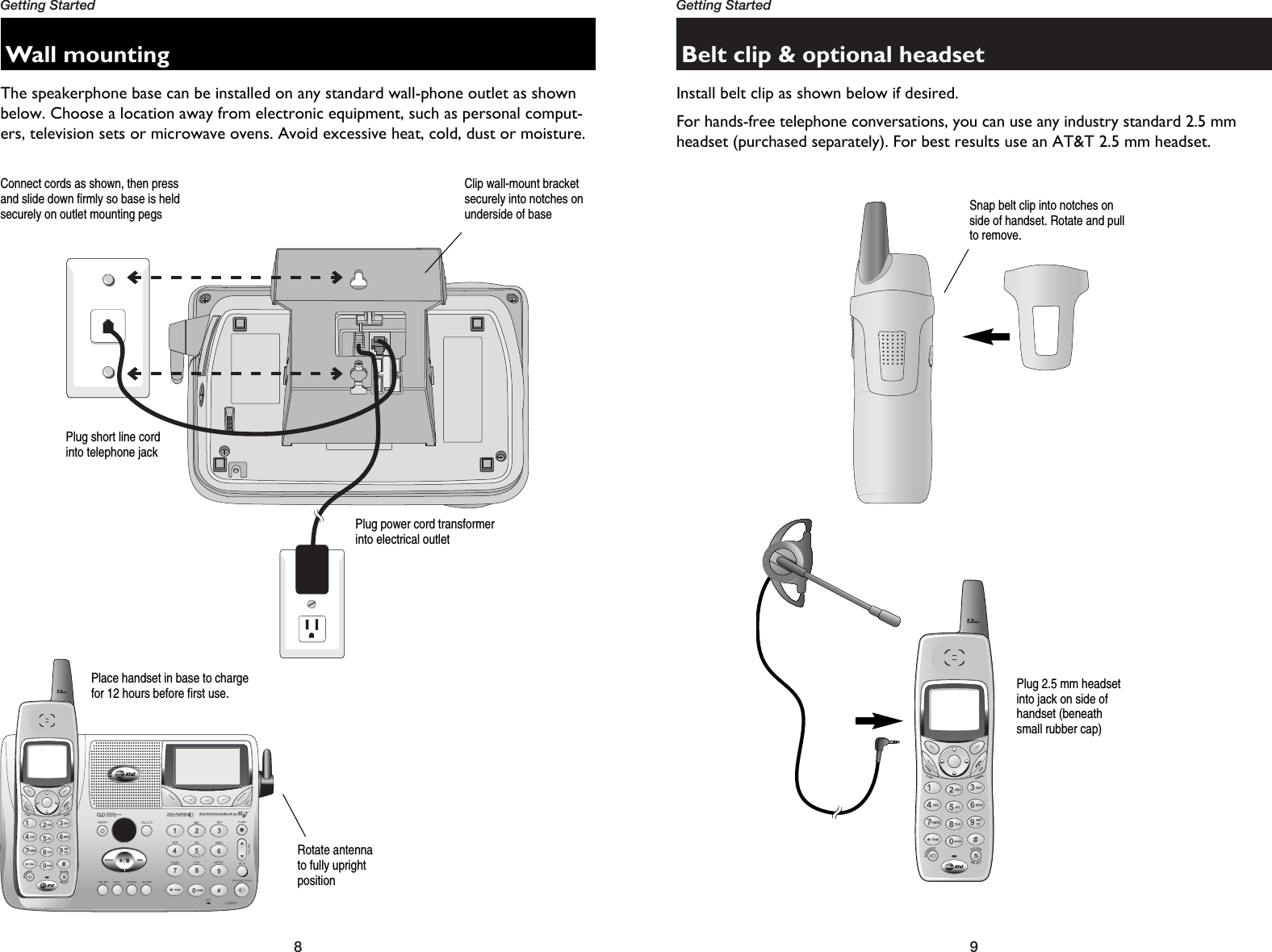 9Getting Started8Getting StartedBelt clip &amp; optional headsetInstall belt clip as shown below if desired.For hands-free telephone conversations, you can use any industry standard 2.5 mmheadset (purchased separately). For best results use an AT&amp;T 2.5 mm headset.Wall mountingThe speakerphone base can be installed on any standard wall-phone outlet as shownbelow. Choose a location away from electronic equipment, such as personal comput-ers, television sets or microwave ovens. Avoid excessive heat, cold, dust or moisture.Plug power cord transformerinto electrical outletConnect cords as shown, then pressand slide down firmly so base is heldsecurely on outlet mounting pegsPlug short line cordinto telephone jackSnap belt clip into notches onside of handset. Rotate and pullto remove.Plug 2.5 mm headsetinto jack on side ofhandset (beneathsmall rubber cap)Clip wall-mount bracketsecurely into notches onunderside of basePlace handset in base to chargefor 12 hours before first use.Rotate antennato fully upright position