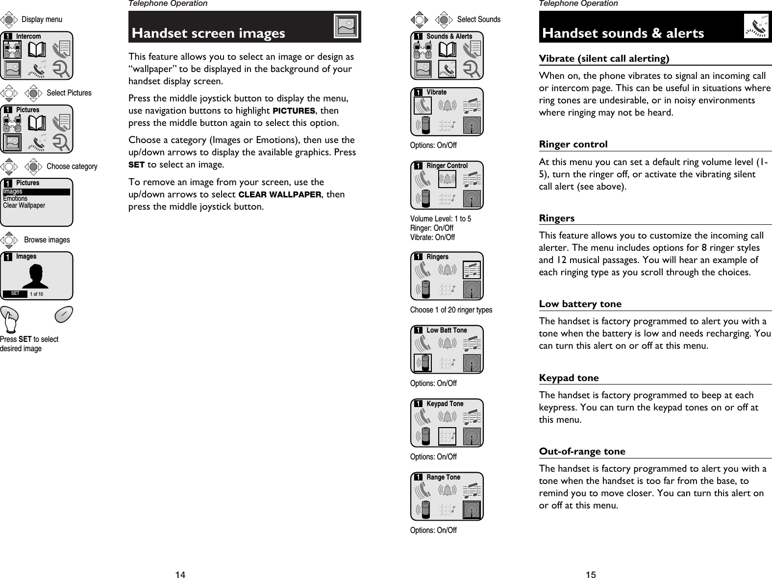 15Telephone Operation14Telephone OperationHandset screen imagesThis feature allows you to select an image or design as“wallpaper” to be displayed in the background of yourhandset display screen.Press the middle joystick button to display the menu,use navigation buttons to highlight PICTURES, thenpress the middle button again to select this option.Choose a category (Images or Emotions), then use theup/down arrows to display the available graphics. PressSET to select an image.To remove an image from your screen, use theup/down arrows to select CLEAR WALLPAPER, thenpress the middle joystick button.Handset sounds &amp; alertsVibrate (silent call alerting)When on, the phone vibrates to signal an incoming callor intercom page. This can be useful in situations wherering tones are undesirable, or in noisy environmentswhere ringing may not be heard.Ringer controlAt this menu you can set a default ring volume level (1-5), turn the ringer off, or activate the vibrating silentcall alert (see above).RingersThis feature allows you to customize the incoming callalerter. The menu includes options for 8 ringer stylesand 12 musical passages. You will hear an example ofeach ringing type as you scroll through the choices.Low battery toneThe handset is factory programmed to alert you with atone when the battery is low and needs recharging. Youcan turn this alert on or off at this menu.Keypad toneThe handset is factory programmed to beep at eachkeypress. You can turn the keypad tones on or off atthis menu.Out-of-range toneThe handset is factory programmed to alert you with atone when the handset is too far from the base, toremind you to move closer. You can turn this alert onor off at this menu.Intercom1Display menuPictures1Select PicturesChoose categoryBrowse imagesPicturesImagesEmotionsClear Wallpaper1ImagesSET 1 of 101Press SET to selectdesired imageSounds &amp; Alerts1Vibrate1Select SoundsOptions: On/OffRinger Control1Volume Level: 1 to 5Ringer: On/OffVibrate: On/OffRingers1Choose 1 of 20 ringer typesLow Batt Tone1Options: On/OffKeypad Tone1Options: On/OffRange Tone1Options: On/Off