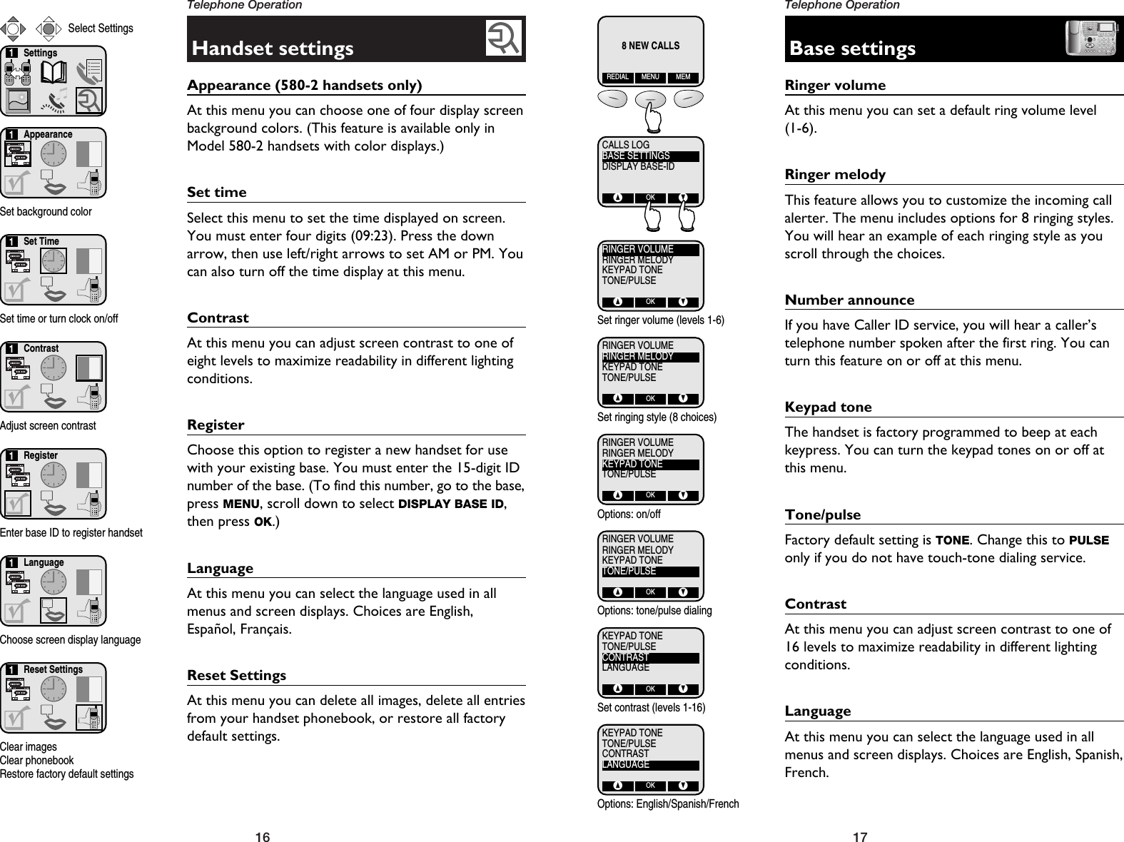 17Telephone Operation16Telephone OperationHandset settingsAppearance (580-2 handsets only)At this menu you can choose one of four display screenbackground colors. (This feature is available only inModel 580-2 handsets with color displays.)Set timeSelect this menu to set the time displayed on screen.You must enter four digits (09:23). Press the downarrow, then use left/right arrows to set AM or PM. Youcan also turn off the time display at this menu.ContrastAt this menu you can adjust screen contrast to one ofeight levels to maximize readability in different lightingconditions.RegisterChoose this option to register a new handset for usewith your existing base. You must enter the 15-digit IDnumber of the base. (To find this number, go to the base,press MENU, scroll down to select DISPLAY BASE ID,then press OK.)LanguageAt this menu you can select the language used in allmenus and screen displays. Choices are English,Español, Français.Reset SettingsAt this menu you can delete all images, delete all entriesfrom your handset phonebook, or restore all factorydefault settings.Settings1Appearance1Select SettingsSet background color Set Time1Set time or turn clock on/offContrast1Adjust screen contrastRegister1Enter base ID to register handsetLanguage1Choose screen display languageReset Settings1Clear imagesClear phonebookRestore factory default settingsBase settingsRinger volumeAt this menu you can set a default ring volume level (1-6).Ringer melodyThis feature allows you to customize the incoming callalerter. The menu includes options for 8 ringing styles.You will hear an example of each ringing style as youscroll through the choices.Number announceIf you have Caller ID service, you will hear a caller’stelephone number spoken after the first ring. You canturn this feature on or off at this menu.Keypad toneThe handset is factory programmed to beep at eachkeypress. You can turn the keypad tones on or off atthis menu.Tone/pulseFactory default setting is TONE. Change this to PULSEonly if you do not have touch-tone dialing service.ContrastAt this menu you can adjust screen contrast to one of16 levels to maximize readability in different lightingconditions.LanguageAt this menu you can select the language used in allmenus and screen displays. Choices are English, Spanish,French.8 NEW CALLSREDIAL MENU MEMCALLS LOGBASE SETTINGSDISPLAY BASE-ID^OKVRINGER VOLUMERINGER MELODYKEYPAD TONETONE/PULSE^OKVSet ringer volume (levels 1-6)RINGER VOLUMERINGER MELODYKEYPAD TONETONE/PULSE^OKVSet ringing style (8 choices)RINGER VOLUMERINGER MELODYKEYPAD TONETONE/PULSE^OKVOptions: on/offRINGER VOLUMERINGER MELODYKEYPAD TONETONE/PULSE^OKVOptions: tone/pulse dialingKEYPAD TONETONE/PULSECONTRASTLANGUAGE^OKVSet contrast (levels 1-16)KEYPAD TONETONE/PULSECONTRASTLANGUAGE^OKVOptions: English/Spanish/French