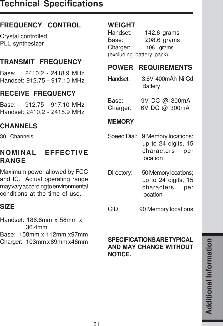 31Additional InformationTechnical SpecificationsFREQUENCY CONTROLCrystal controlledPLL synthesizerTRANSMIT FREQUENCYBase:    2410.2 - 2418.9 MHzHandset: 912.75 - 917.10 MHzRECEIVE FREQUENCYBase:    912.75 - 917.10 MHzHandset: 2410.2 - 2418.9 MHzCHANNELS30 ChannelsNOMINAL EFFECTIVERANGEMaximum power allowed by FCCand IC.  Actual operating rangemay vary according to environmentalconditions at the time of use.SIZEHandset: 186.6mm x 58mm x36.4mmBase:  158mm x 112mm x97mmCharger: 103mm x 89mm x46mmWEIGHTHandset:     142.6 gramsBase:      208.6 gramsCharger:       106  grams(excluding battery pack)POWER REQUIREMENTSHandset:     3.6V 400mAh Ni-CdBatteryBase:    9V DC @ 300mACharger:    6V DC @ 300mAMEMORYSpeed Dial:    9 Memory locations;up to 24 digits, 15characters perlocationDirectory:          50 Memory locations;up to 24 digits, 15characters perlocationCID:                90 Memory locationsSPECIFICATIONS ARE TYPICALAND MAY CHANGE WITHOUTNOTICE.