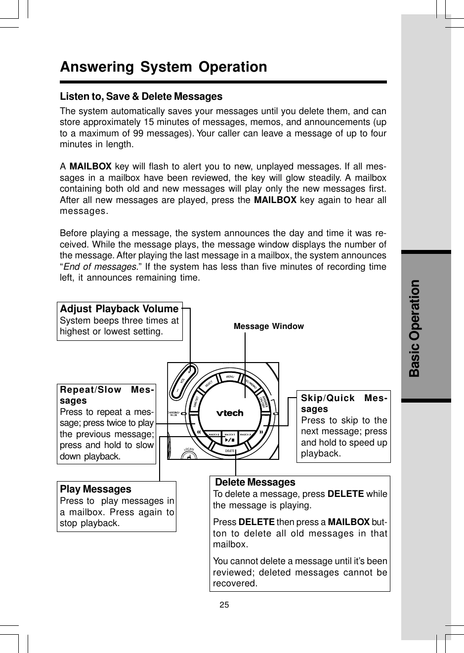 25Basic OperationListen to, Save &amp; Delete MessagesThe system automatically saves your messages until you delete them, and canstore approximately 15 minutes of messages, memos, and announcements (upto a maximum of 99 messages). Your caller can leave a message of up to fourminutes in length.A MAILBOX key will flash to alert you to new, unplayed messages. If all mes-sages in a mailbox have been reviewed, the key will glow steadily. A mailboxcontaining both old and new messages will play only the new messages first.After all new messages are played, press the MAILBOX key again to hear allmessages.Before playing a message, the system announces the day and time it was re-ceived. While the message plays, the message window displays the number ofthe message. After playing the last message in a mailbox, the system announces“End of messages.” If the system has less than five minutes of recording timeleft, it announces remaining time.Message WindowAnswering System OperationRepeat/Slow Mes-sagesPress to repeat a mes-sage; press twice to playthe previous message;press and hold to slowdown playback.Play MessagesPress to  play messages ina mailbox. Press again tostop playback. Delete MessagesTo delete a message, press DELETE whilethe message is playing.Press DELETE then press a MAILBOX but-ton to delete all old messages in thatmailbox.You cannot delete a message until it’s beenreviewed; deleted messages cannot berecovered.Skip/Quick Mes-sagesPress to skip to thenext message; pressand hold to speed upplayback.Adjust Playback VolumeSystem beeps three times athighest or lowest setting.