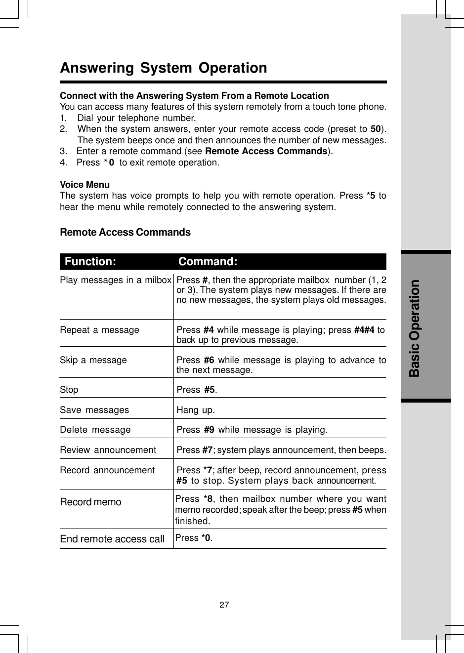 27Basic OperationPlay messages in a milbox Press #, then the appropriate mailbox  number (1, 2or 3). The system plays new messages. If there areno new messages, the system plays old messages.Repeat a message Press #4 while message is playing; press #4#4 toback up to previous message.Skip a message Press #6 while message is playing to advance tothe next message.Stop Press #5.Save messages Hang up.Delete message Press #9 while message is playing.Review announcement Press #7; system plays announcement, then beeps.Record announcement Press *7; after beep, record announcement, press#5 to stop. System plays back announcement.Record memoEnd remote access callConnect with the Answering System From a Remote LocationYou can access many features of this system remotely from a touch tone phone.1. Dial your telephone number.2. When the system answers, enter your remote access code (preset to 50).The system beeps once and then announces the number of new messages.3.   Enter a remote command (see Remote Access Commands).4.   Press * 0  to exit remote operation.Voice MenuThe system has voice prompts to help you with remote operation. Press *5 tohear the menu while remotely connected to the answering system.Remote Access Commands      Function:                    Command:Answering System OperationPress *8, then mailbox number where you wantmemo recorded; speak after the beep; press #5 whenfinished.Press *0.