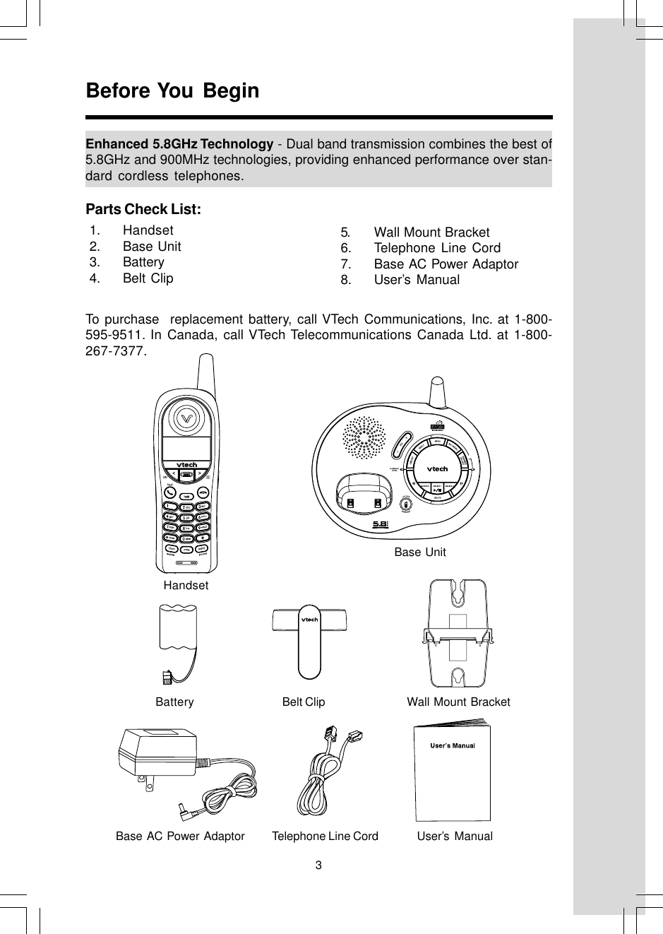 31. Handset2. Base Unit3. Battery4. Belt Clip5. Wall Mount Bracket6. Telephone Line Cord7. Base AC Power Adaptor8. User’s ManualTo purchase  replacement battery, call VTech Communications, Inc. at 1-800-595-9511. In Canada, call VTech Telecommunications Canada Ltd. at 1-800-267-7377.Parts Check List:Before You BeginEnhanced 5.8GHz Technology - Dual band transmission combines the best of5.8GHz and 900MHz technologies, providing enhanced performance over stan-dard cordless telephones.HandsetBase UnitBattery Belt ClipTelephone Line CordBase AC Power Adaptor User’s ManualWall Mount Bracket