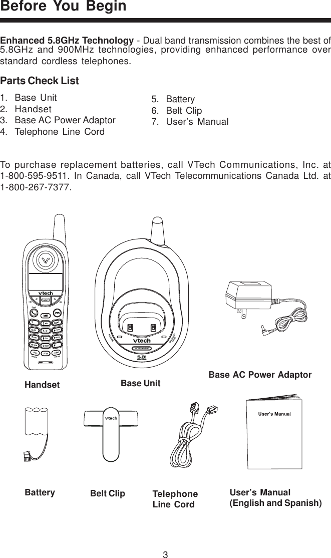 3Enhanced 5.8GHz Technology - Dual band transmission combines the best of5.8GHz and 900MHz technologies, providing enhanced performance overstandard cordless telephones.Before You Begin5. Battery6. Belt Clip7. User’s ManualParts Check List1. Base Unit2. Handset3. Base AC Power Adaptor4. Telephone Line CordBattery Belt Clip TelephoneLine CordUser’s Manual(English and Spanish)Handset Base Unit Base AC Power AdaptorTo purchase replacement batteries, call VTech Communications, Inc. at1-800-595-9511. In Canada, call VTech Telecommunications Canada Ltd. at1-800-267-7377.